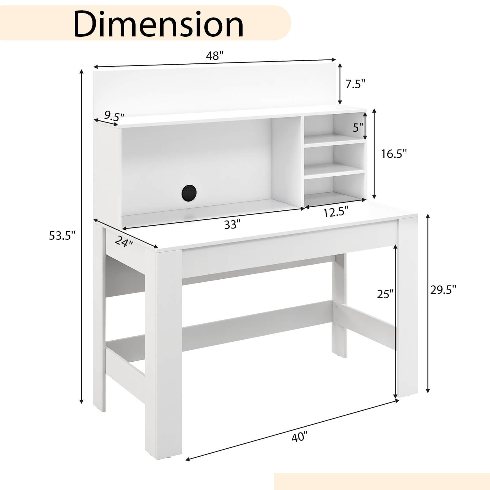 Dimension: 48", 7.5", 9.5", 5", 16.5", 53.5", 24", 33", 12.5", 25", 29.5", 40"