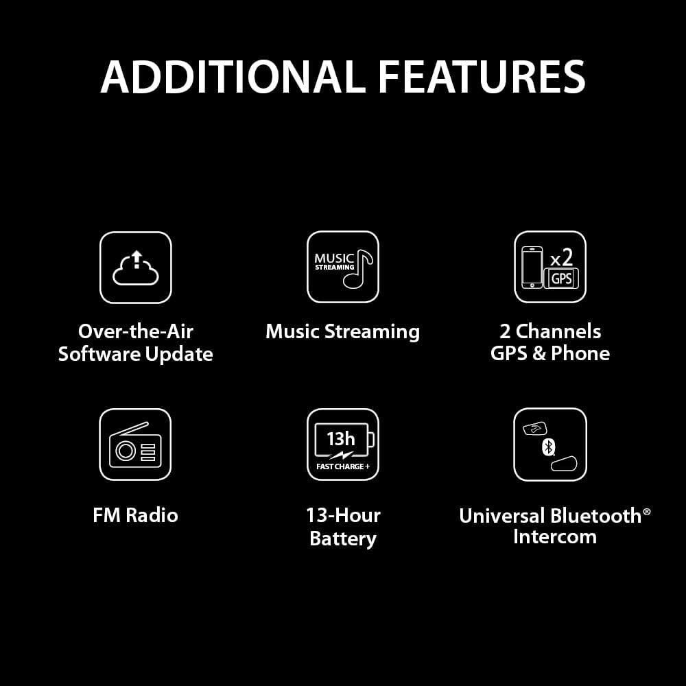 ADDITIONAL FEATURES

- Over-the-Air Software Update
- Music Streaming
- 2 Channels GPS & Phone
- FM Radio
- 13-Hour Battery
- Universal Bluetooth® Intercom