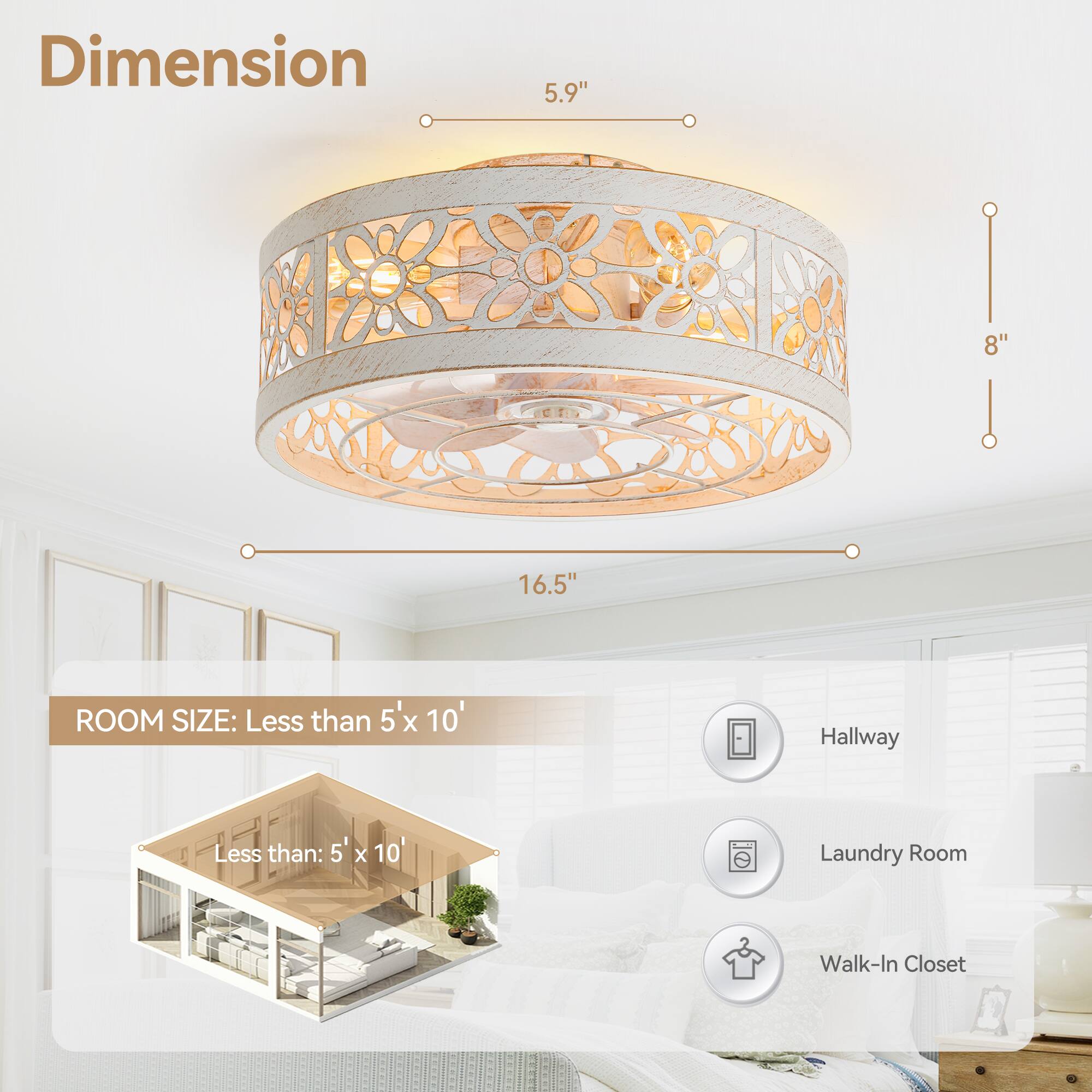 Dimension: 5.9" 8" 16.5"

ROOM SIZE: Less than 5' x 10'

Hallway
Laundry Room
Walk-In Closet