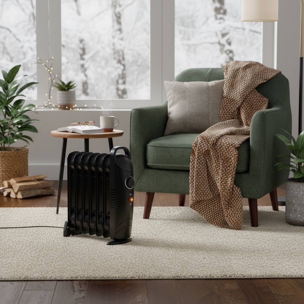 Left. Airo Comfort - Portable 700W Oil-Filled Radiant Space Heater –  Personal Heater with Energy Saving in Black - Black.