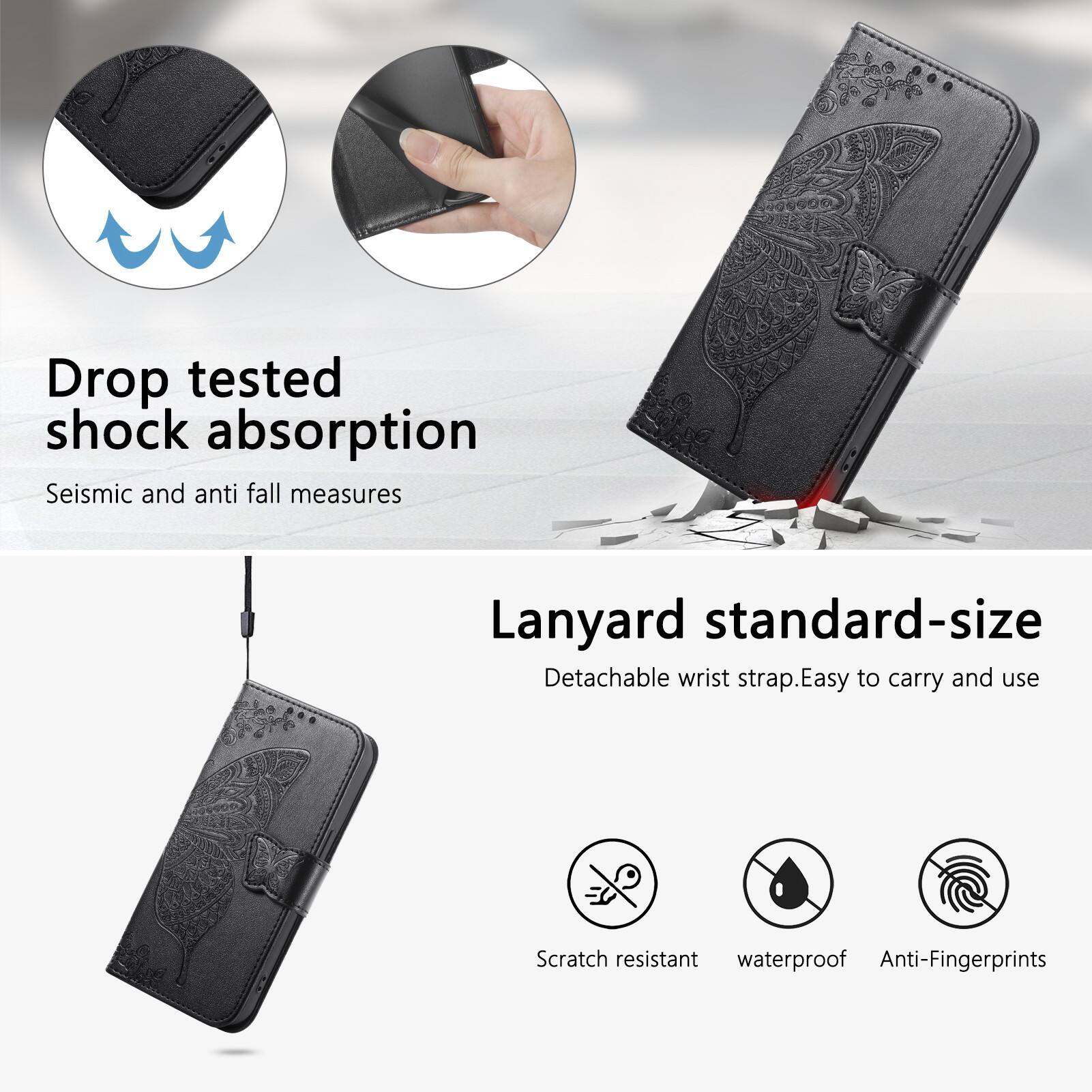 Drop tested shock absorption  
Seismic and anti fall measures  

Lanyard standard-size  
Detachable wrist strap. Easy to carry and use  

Scratch resistant  
Waterproof  
Anti-Fingerprints