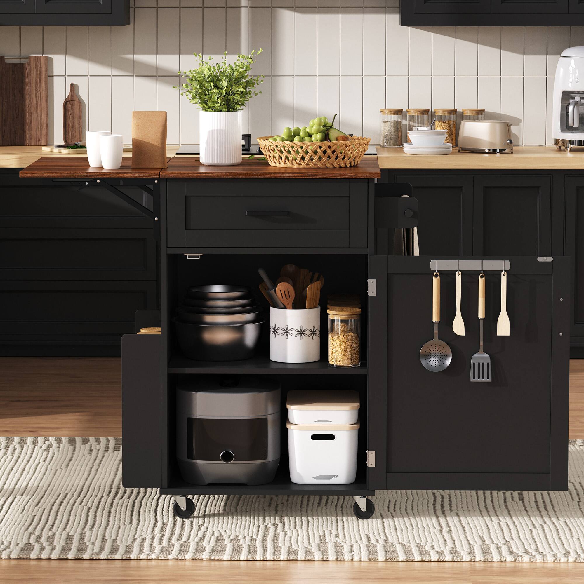 Angle. Whisen - 39" Farmhouse Kitchen Island Cart with Drop Leaf, Storage Cabinet, Drawer, Rolling Wheels for Kitchen - Black.