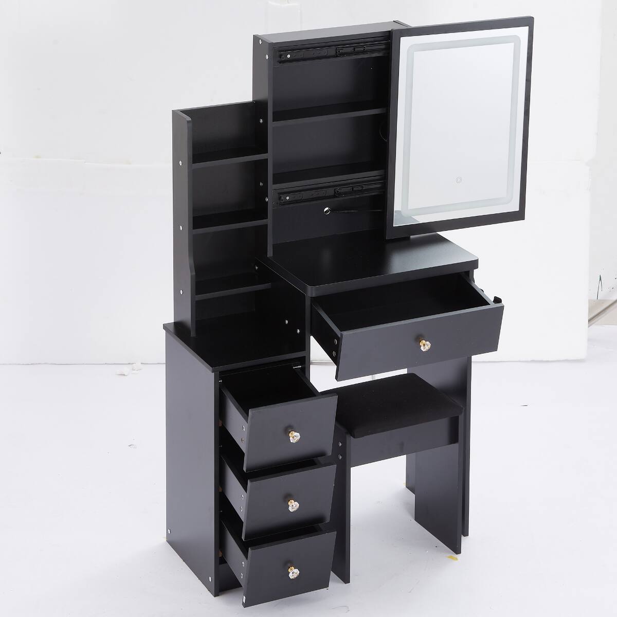 Alt View 4. Loheer - Loheer Small Space Makeup Vanity Set with LED Mirror and Padded Stool, Black - Black.