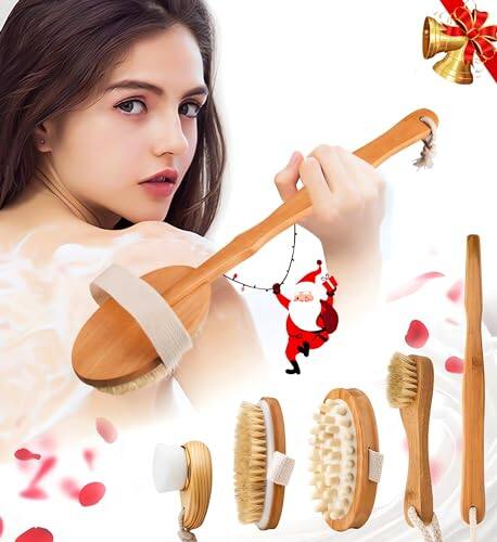 Front. DORLUKFU - Premium Dry Brushing Body Brush Set for Lymphatic Drainage and Cellulite Treatment, Boar Bristle Long Handle Face.