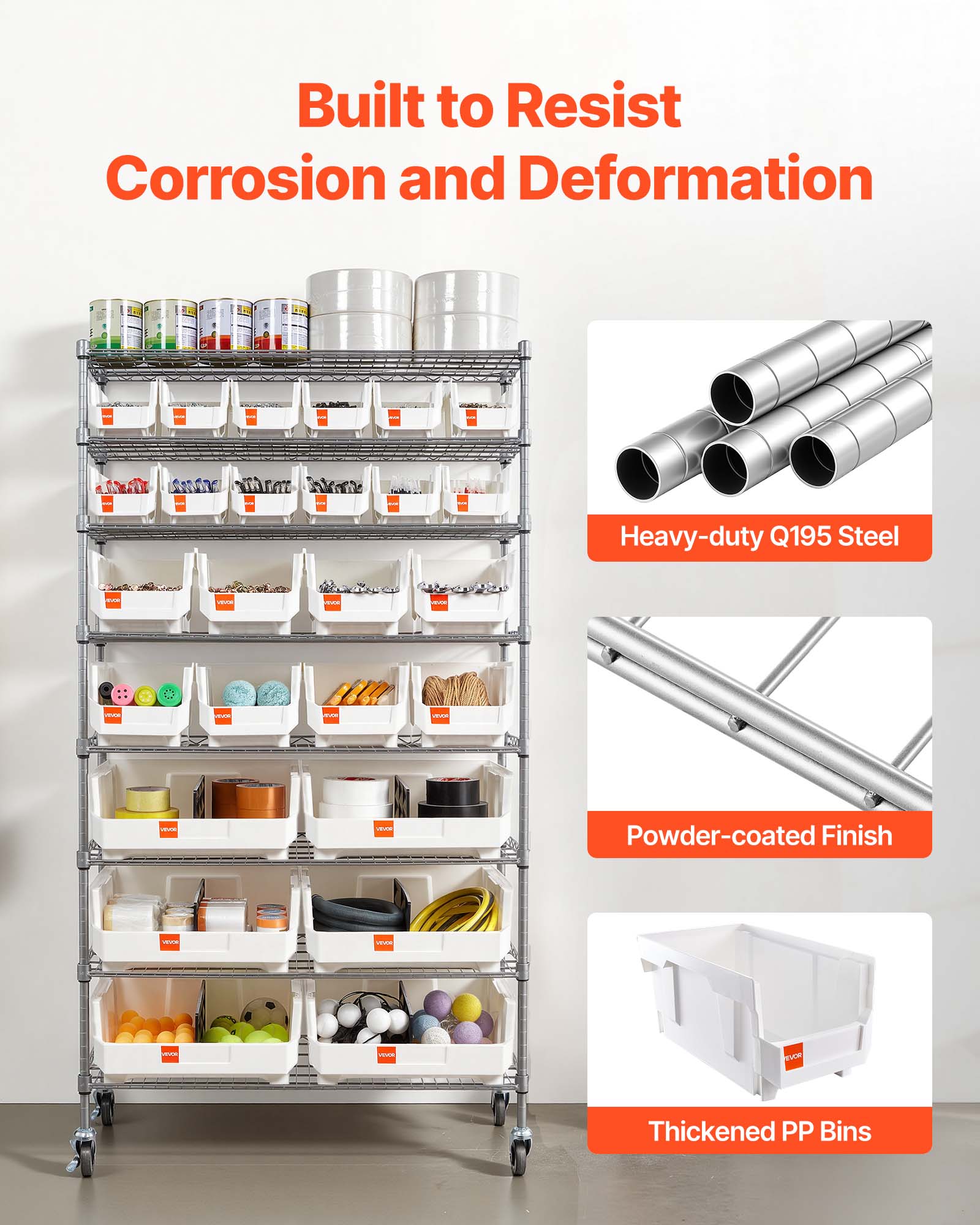 Built to Resist Corrosion and Deformation

- Heavy-duty Q195 Steel
- Powder-coated Finish
- Thickened PP Bins