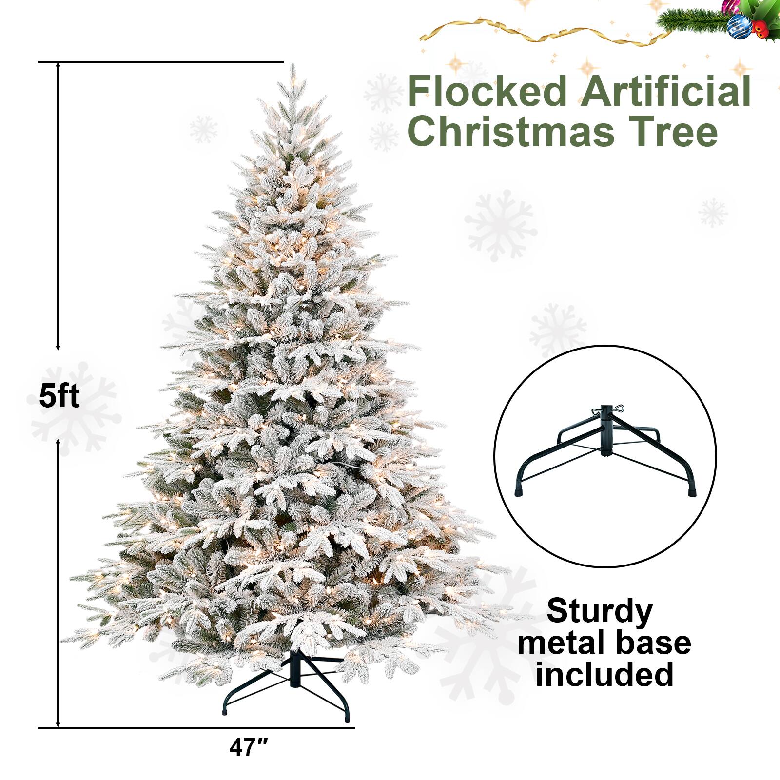Flocked Artificial Christmas Tree  
5ft  
Sturdy metal base included  
47"