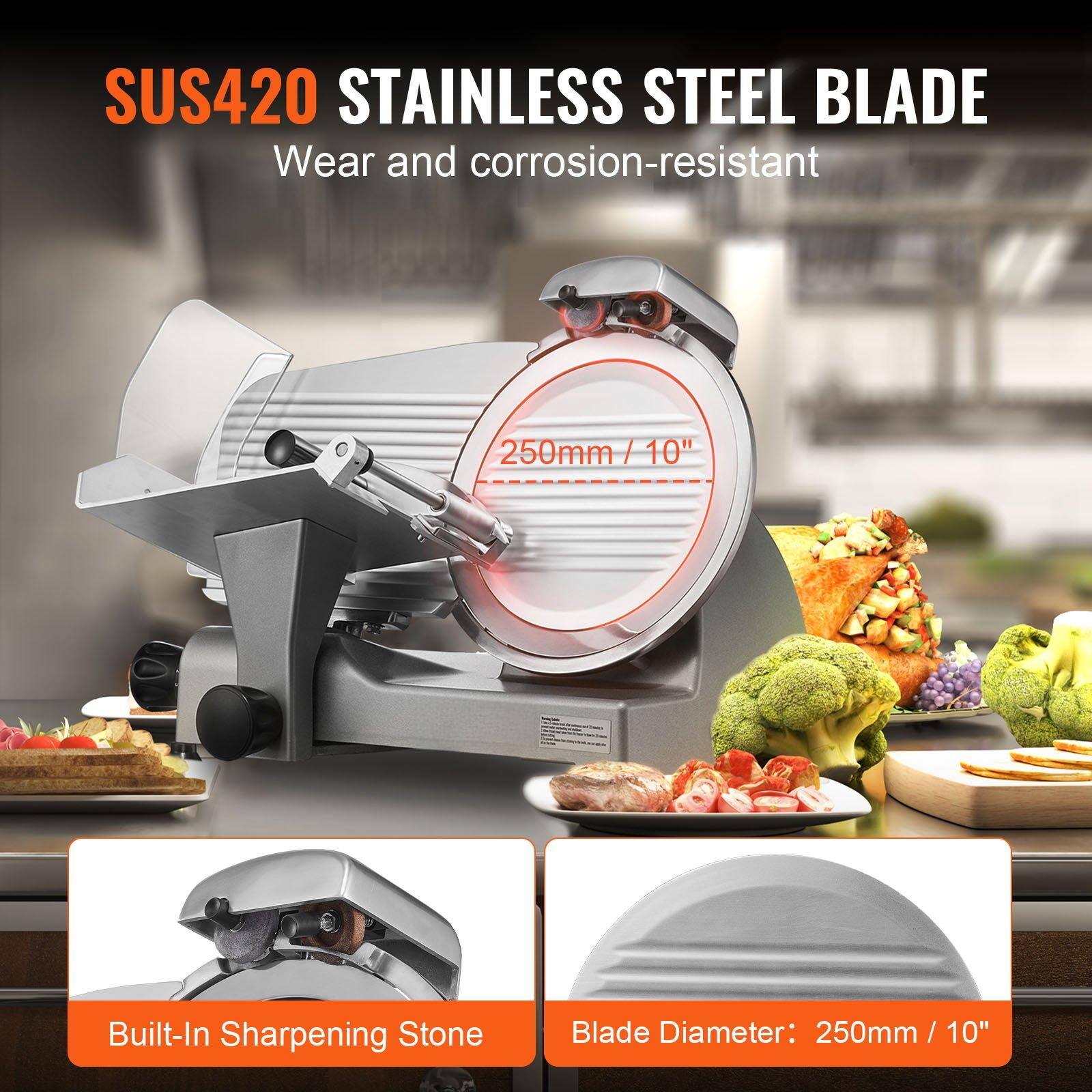 SUS420 STAINLESS STEEL BLADE  
Wear and corrosion-resistant  

250mm / 10"  

Built-In Sharpening Stone  

Blade Diameter: 250mm / 10"