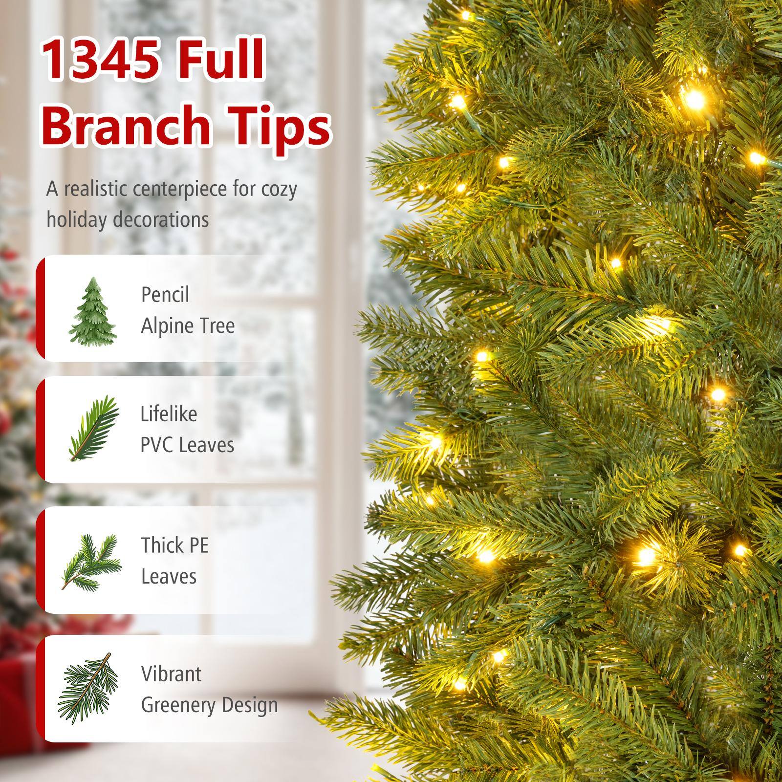 1345 Full Branch Tips  
A realistic centerpiece for cozy holiday decorations  

- Pencil Alpine Tree  
- Lifelike PVC Leaves  
- Thick PE Leaves  
- Vibrant Greenery Design