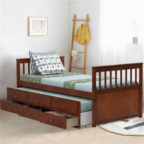 Angle. Hivvago - Twin Captains Bed with Pull Out Trundle and 3 Storage Drawers in Walnut Finish - Brown.