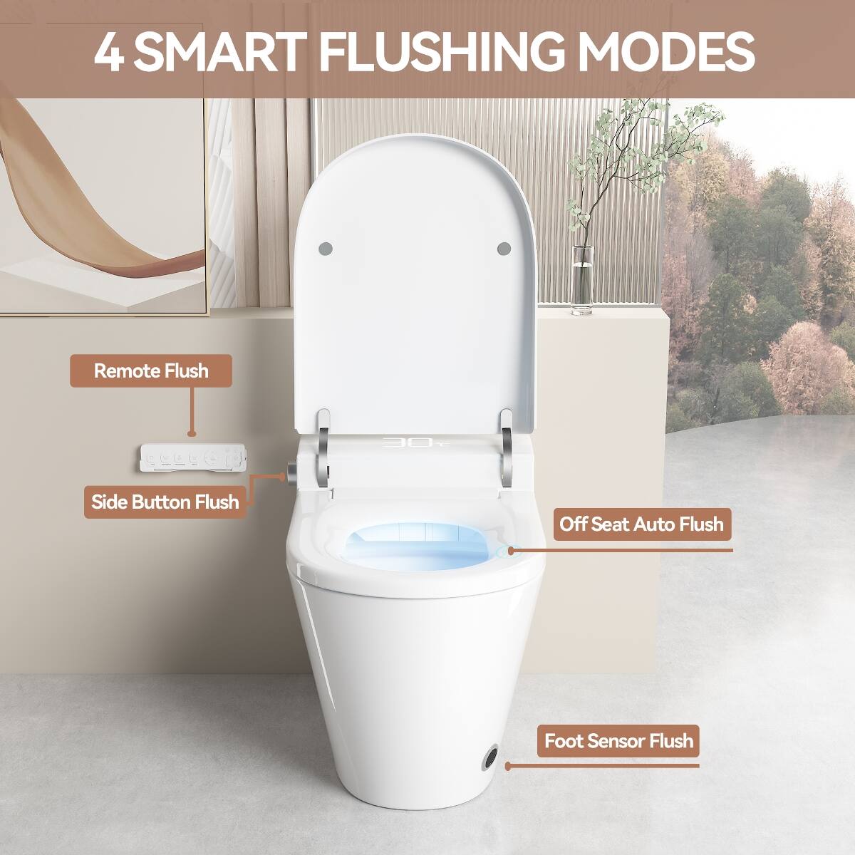 4 SMART FLUSHING MODES

- Remote Flush
- Side Button Flush
- Off Seat Auto Flush
- Foot Sensor Flush