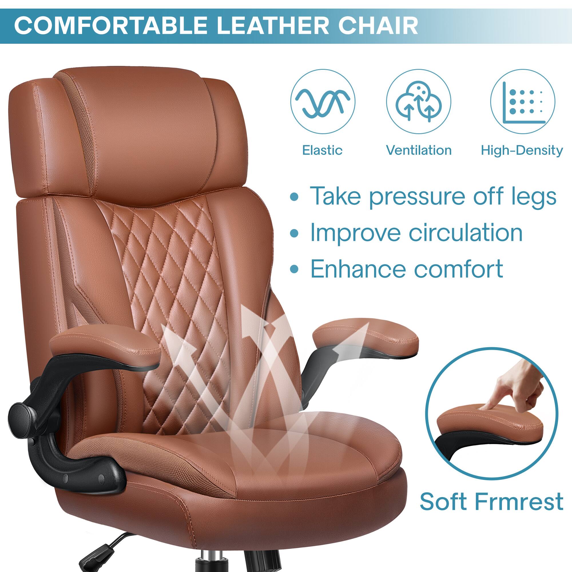 COMFORTABLE LEATHER CHAIR

- Elastic
- Ventilation
- High-Density

- Take pressure off legs
- Improve circulation
- Enhance comfort

Soft Armrest