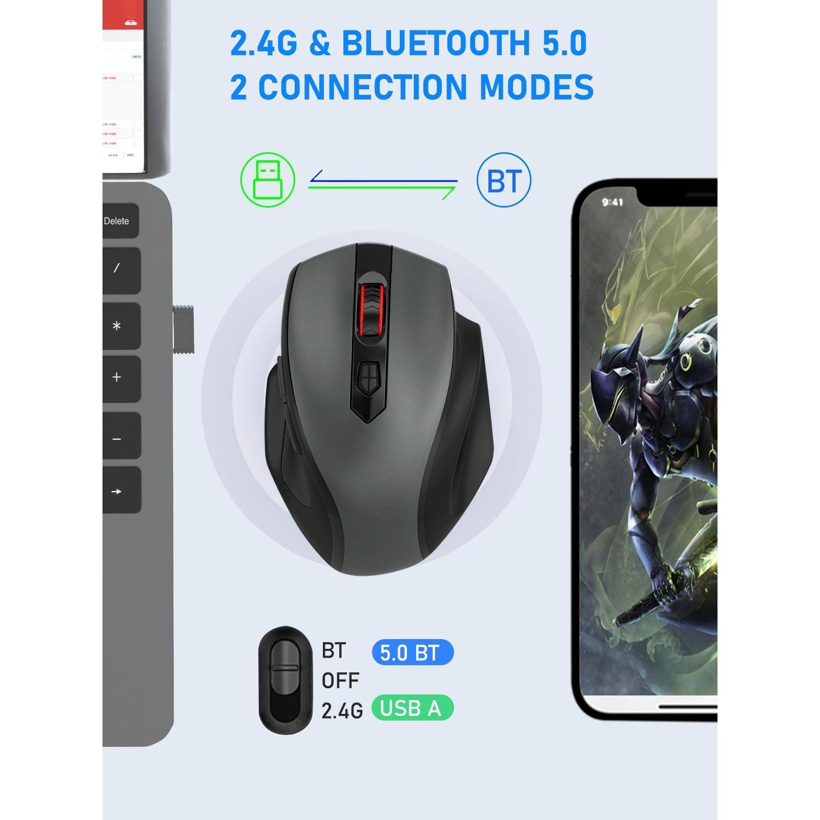 2.4G & BLUETOOTH 5.0  
2 CONNECTION MODES  

BT  
BT 5.0  
BT OFF  
2.4G  
USB A