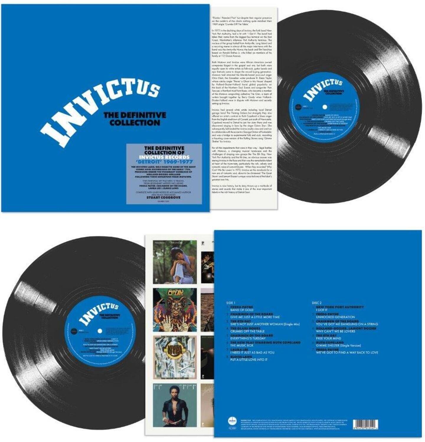 **INVICTUS**  
THE DEFINITIVE COLLECTION  

**THE DEFINITIVE COLLECTION**  
INVICTUS RECORDS  
DETROIT 1969-1977  

**SIDE 1**  
1. HAND OF GOD  
2. GIVE ME A LITTLE MORE TIME  
3. I'M SUFFICIENT ANOTHER WOMAN (Single Mix)  
4. DREAMS OF THE FUTURE  
5. INSTRUMENTAL OF "HAND OF GOD"  
6. I'M SUFFICIENT ANOTHER WOMAN (Single Version)  
7. PUT A LITTLE LOVE IN IT  

**SIDE 2**  
1. I'M NOT POST AUTHORITARIAN  
2. THIRD GENERATION  
3. GIVE ME A LITTLE MORE TIME  
4. I'M SUFFICIENT ANOTHER WOMAN (Single Mix)  
5. DREAMS OF THE FUTURE  
6. INSTRUMENTAL OF "HAND OF GOD"  
7. I'M SUFFICIENT ANOTHER WOMAN (Single Version)  
8. WE'VE GOTTA FIND A WAY BACK TO LOVE  

**STUART COSOLOVE**  

**LP 8-YN**  
BDE BAND - SRE  
MORE SET ANOTHER WOMAN (Single Mix)  
CRUBS - BUT COPLAN  
THE DASC - GOR  
M DANQUNO - STENO  
M JOVERS - THR  
A. CNA - SNEUTER  
DINGLE - NE  
NT - SAD AS YOU  
10 - FO  
WAY BACK TO LOVE  
PEO - FR  

**LP 8-YN**  
BDE BAND - SRE  
MORE SET ANOTHER WOMAN (Single Mix)  
CRUBS - BUT COPLAN  
THE DASC - GOR  
M DANQUNO - STENO  
M JOVERS - THR  
A. CNA - SNEUTER  
DINGLE - NE  
NT - SAD AS YOU  
10 - FO  
WAY BACK TO LOVE  
PEO - FR  

**LP 8-YN**  
BDE BAND - SRE  
MORE SET ANOTHER WOMAN (Single Mix)  
CRUBS - BUT COPLAN  
THE DASC - GOR  
M DANQUNO - STENO  
M JOVERS - THR  
A. CNA - SNEUTER  
DINGLE - NE  
NT - SAD AS YOU  
10 - FO