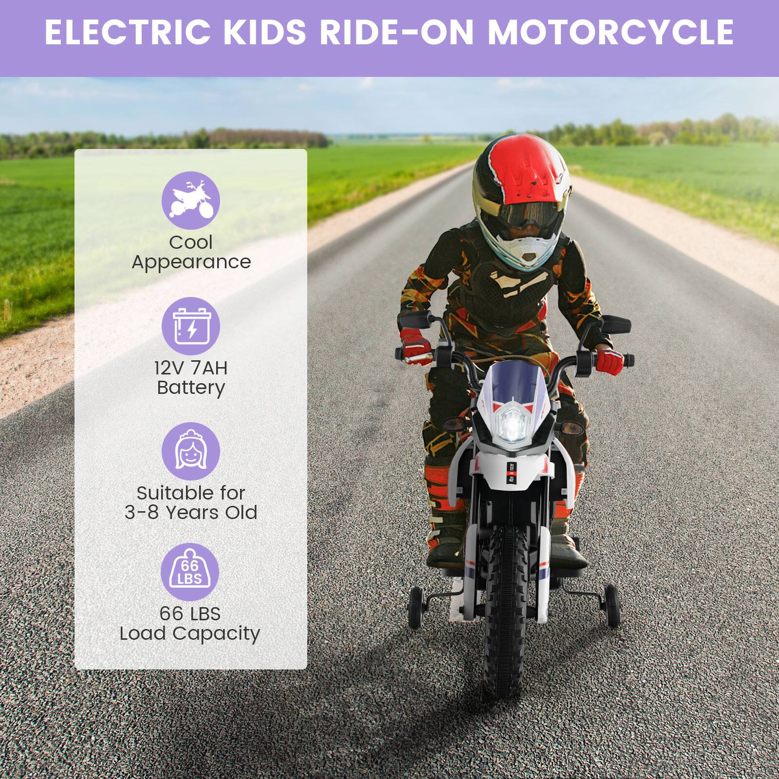 ELECTRIC KIDS RIDE-ON MOTORCYCLE

- Cool Appearance
- 12V 7AH Battery
- Suitable for 3-8 Years Old
- 66 LBS Load Capacity