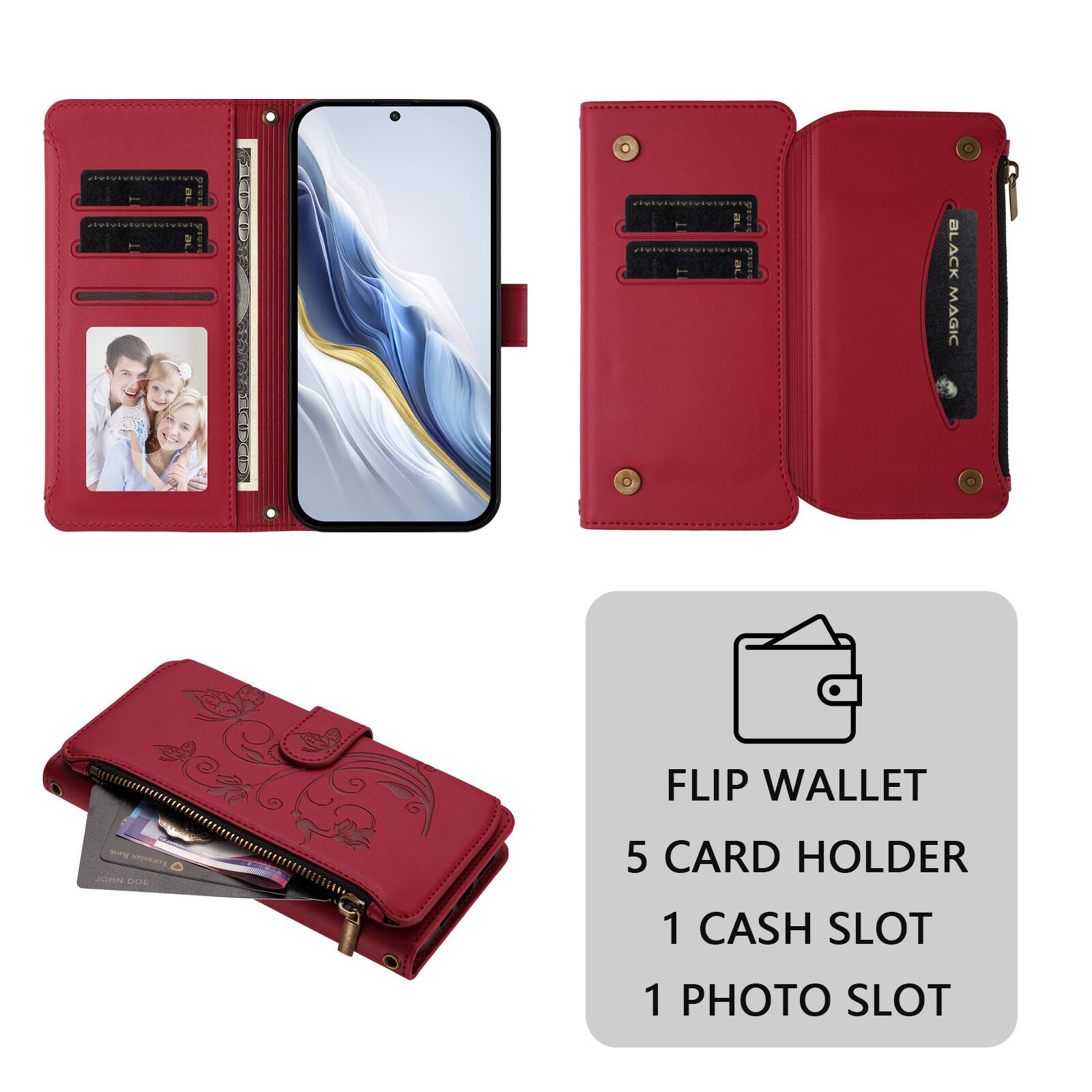 BLACK MAGIC FLIP WALLET  
1 CARD HOLDER  
5 CARD SLOTS  
1 CASH SLOT  
1 PHOTO SLOT