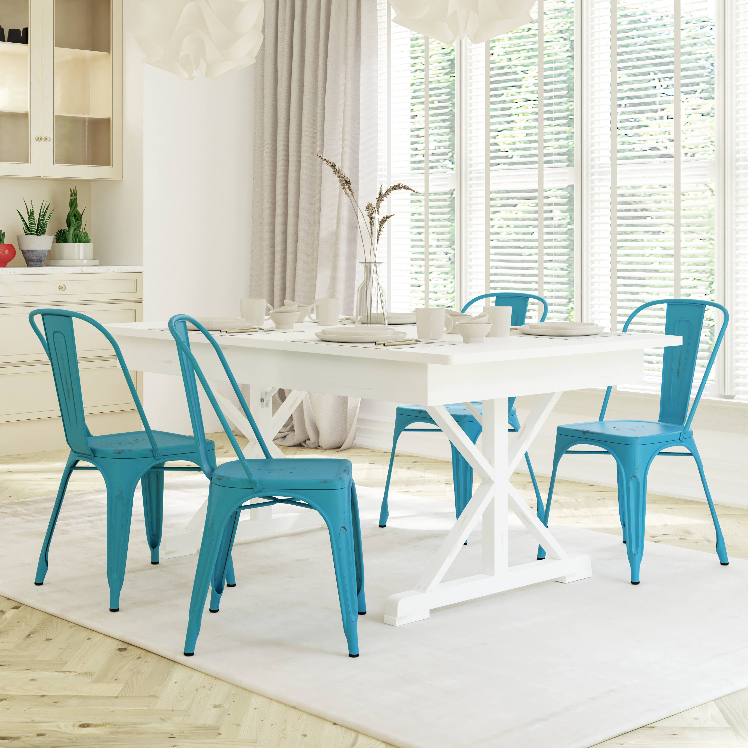 Alt View 2. Emma + Oliver - Commercial Grade 4 Pack Distressed Metal Indoor-Outdoor Stackable Chair - Blue.