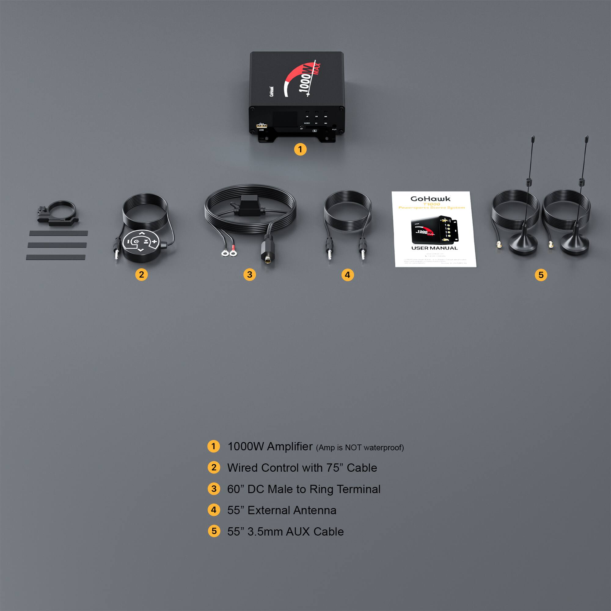 I JVA 1000W - GoHawk - USER MANUAL

1. 1000W Amplifier (Amp is NOT waterproof)
2. Wired Control with 75" Cable
3. 60" DC Male to Ring Terminal
4. 55" External Antenna
5. 55" 3.5mm AUX Cable