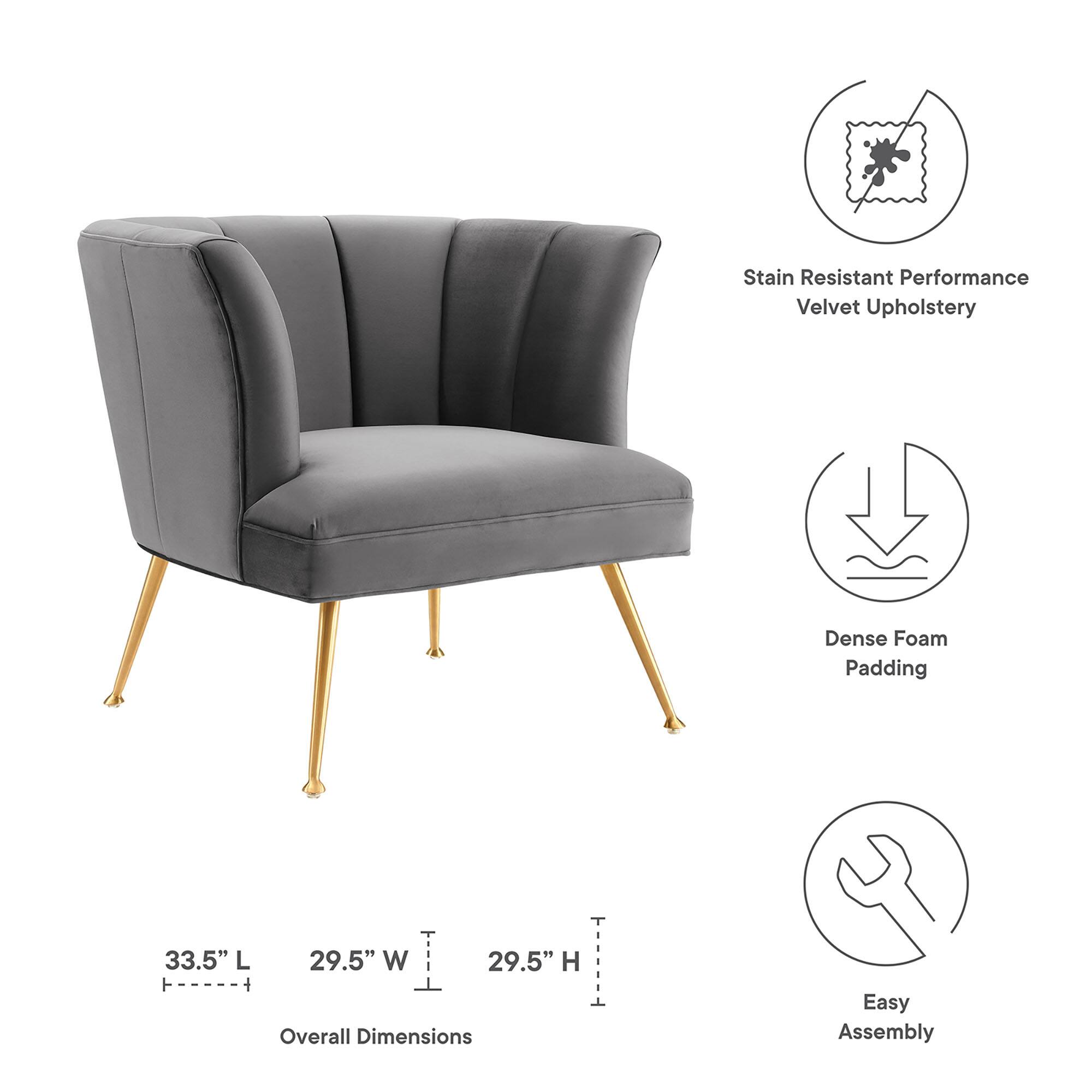 - Stain Resistant Performance Velvet Upholstery
- Dense Foam Padding
- Overall Dimensions: 33.5" L x 29.5" W x 29.5" H
- Easy Assembly