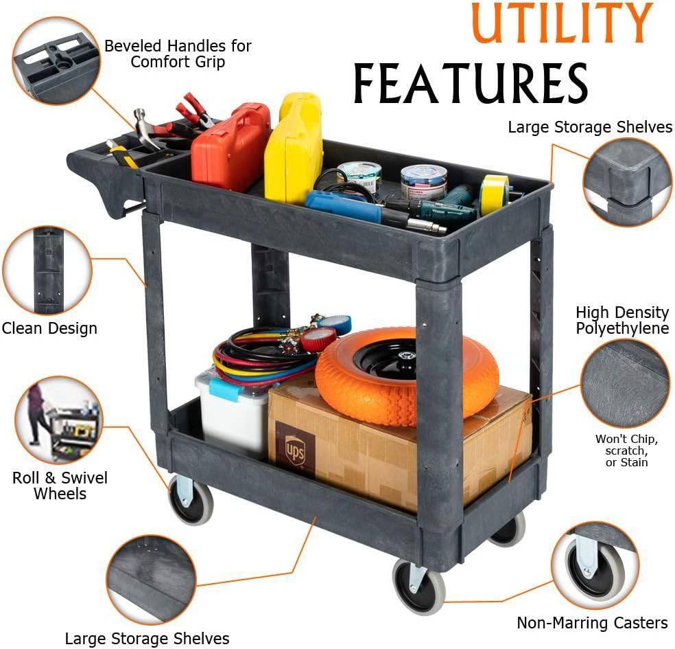 Beveled Handles for Comfort Grip  
UTILITY FEATURES  
Large Storage Shelves  
Clean Design  
High Density Polyethylene  
Roll & Swivel Wheels  
Won't Chip, Scratch, or Stain  
Large Storage Shelves  
Non-Marring Casters