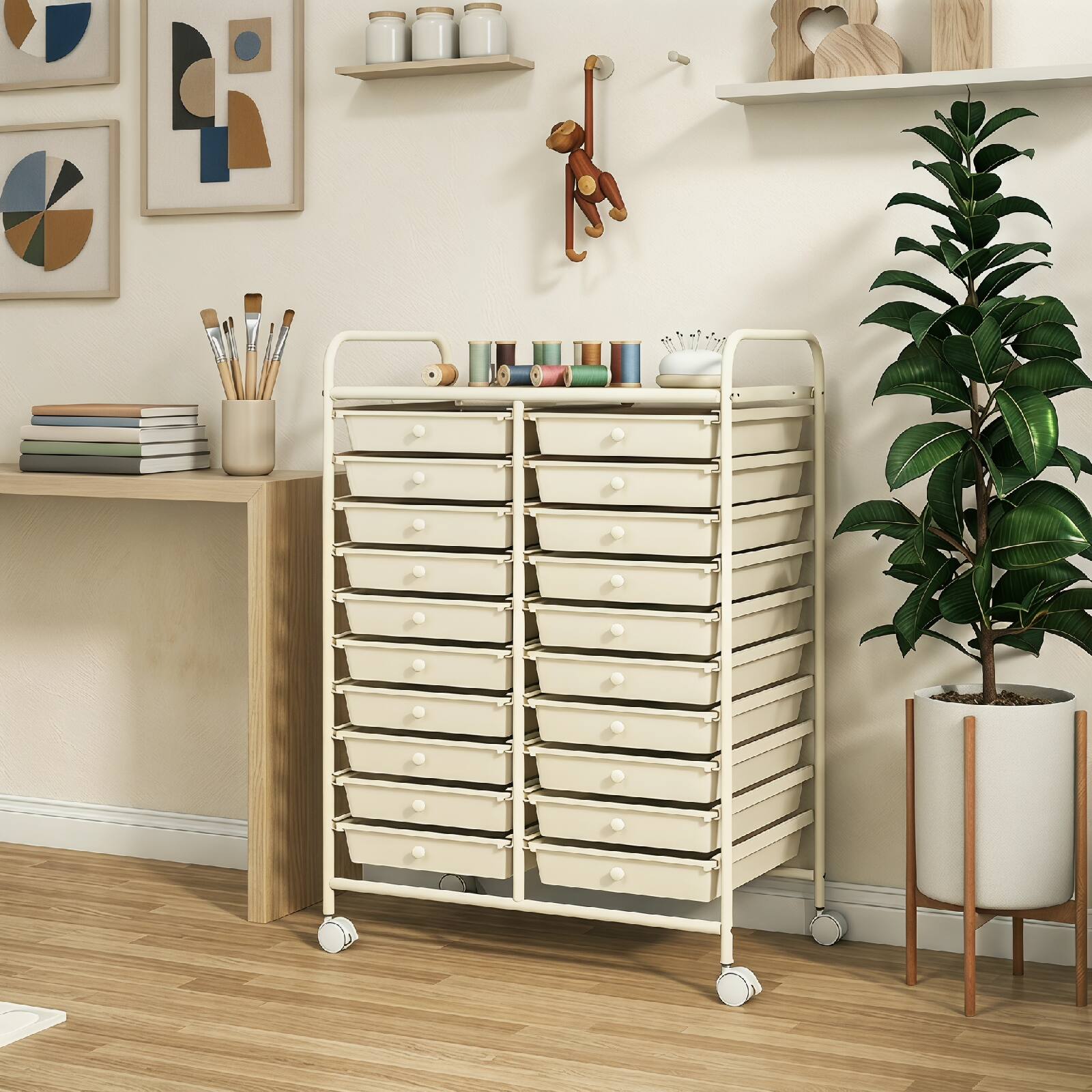 Alt View 1. Costway - Costway 20 Drawers Rolling Storage Cart Art Craft Organizer on Wheels Multipurpose - Off-White.