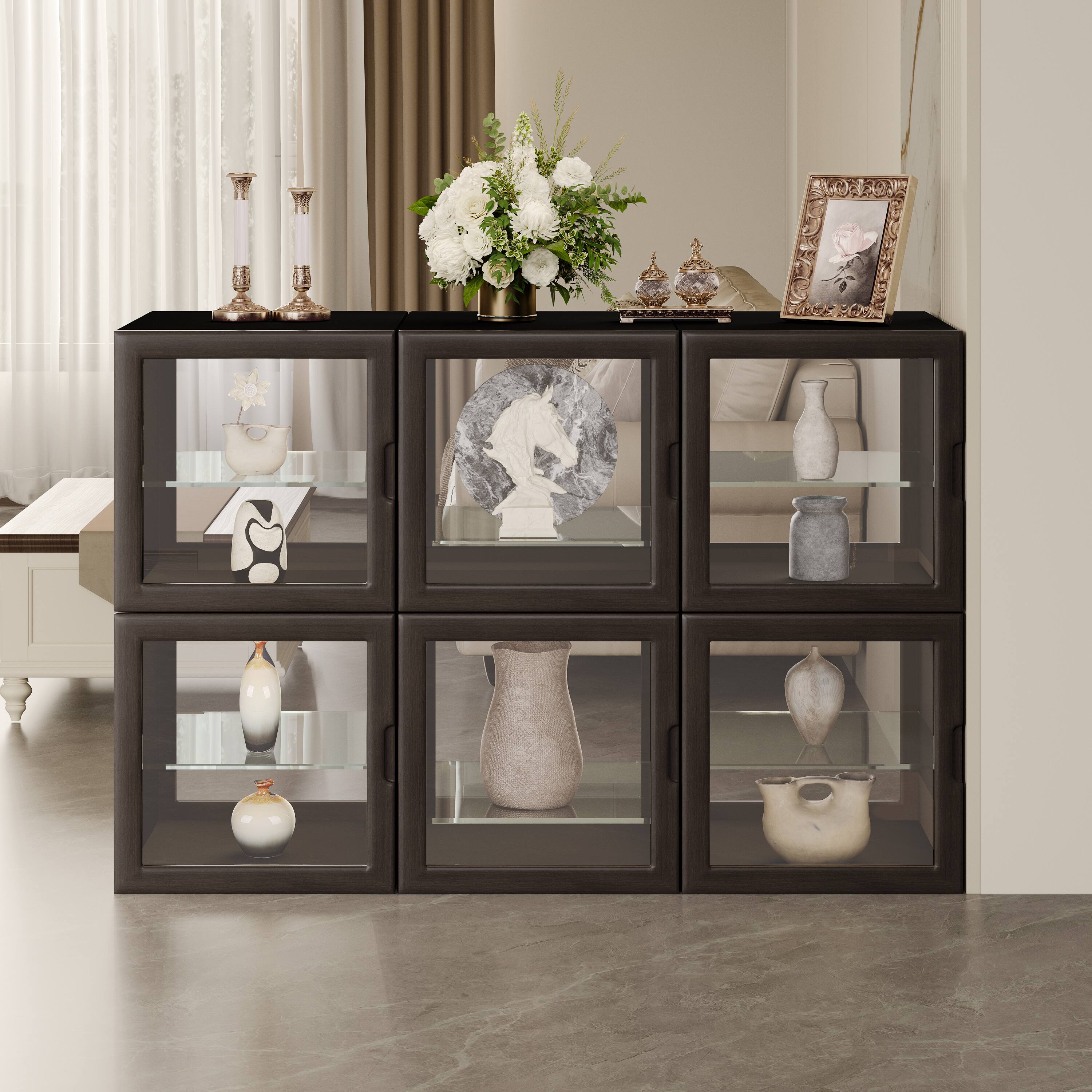 Alt View 1. MSOOB - Premium Curio Cabinet for Collectibles Luxury 6 Pack Glass Display Cabinets with Adjustable Shelves - Black Walnut.
