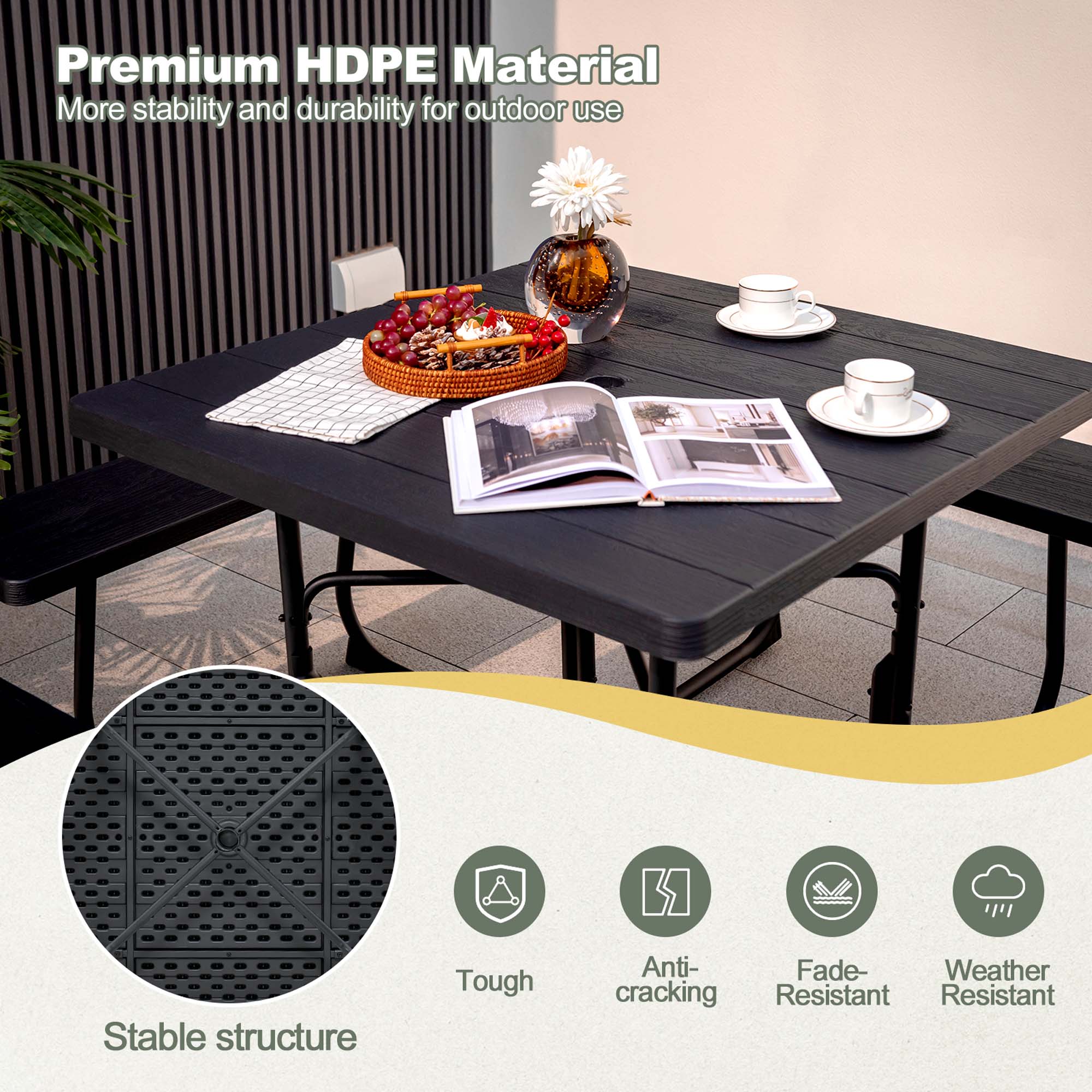 Premium HDPE Material, More stability and durability for outdoor use, Stable structure, Tough, Anti-cracking, Fade-Resistant, Weather Resistant