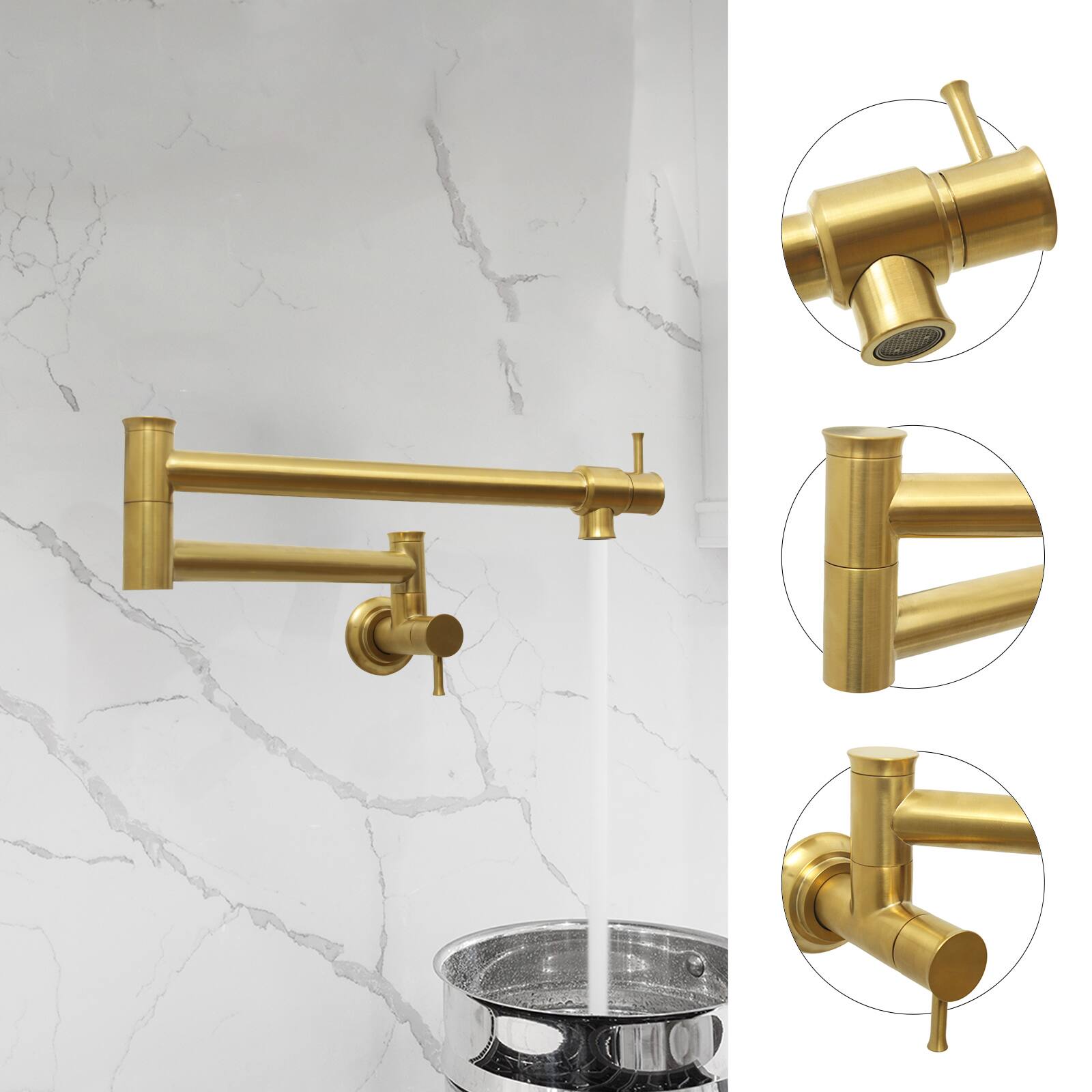 Alt View 2. Akicon - Akicon Solid Brass Wall-Mounted Pot Filler Kitchen Faucet with Double Joint Swing Arms for Stovetop in Brushed Gold - Brushed Gold.