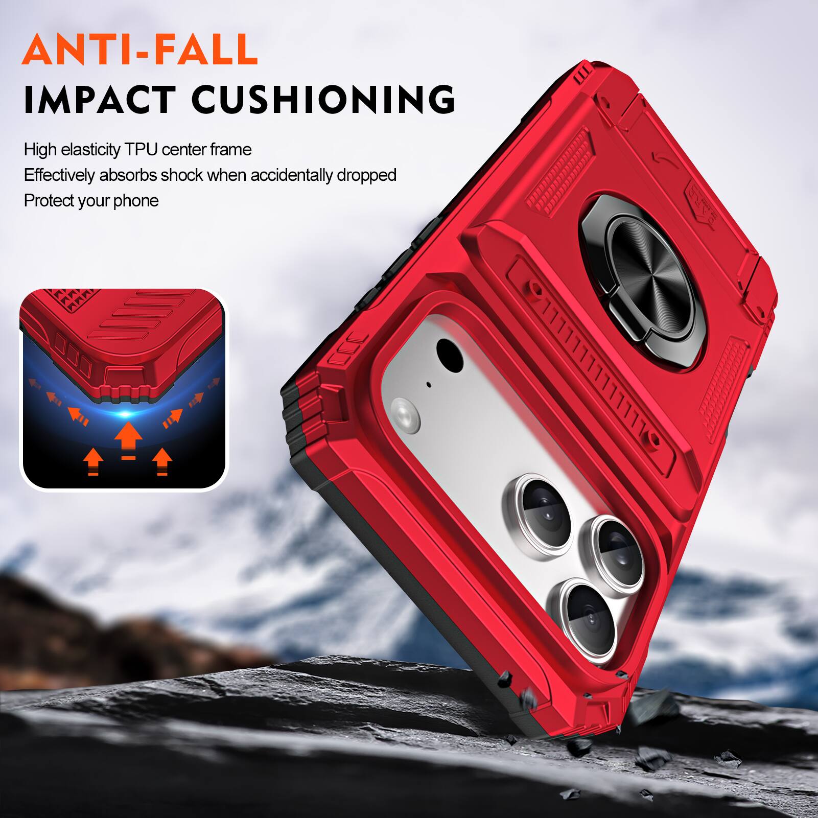 ANTI-FALL IMPACT CUSHIONING

High elasticity TPU center frame
Effectively absorbs shock when accidentally dropped
Protect your phone