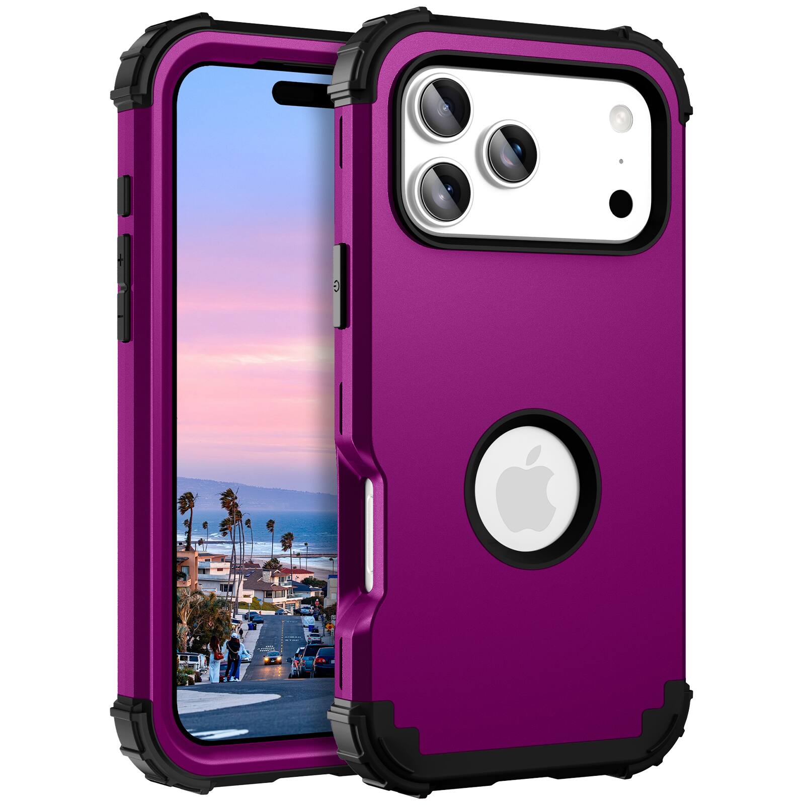 Front. Dteck - Rugged Case for Apple iPhone 17 Pro Max,Shockproof Soft Silicone Bumper Hard PC Back Cover,3-Layers Protective Shell - Purple.
