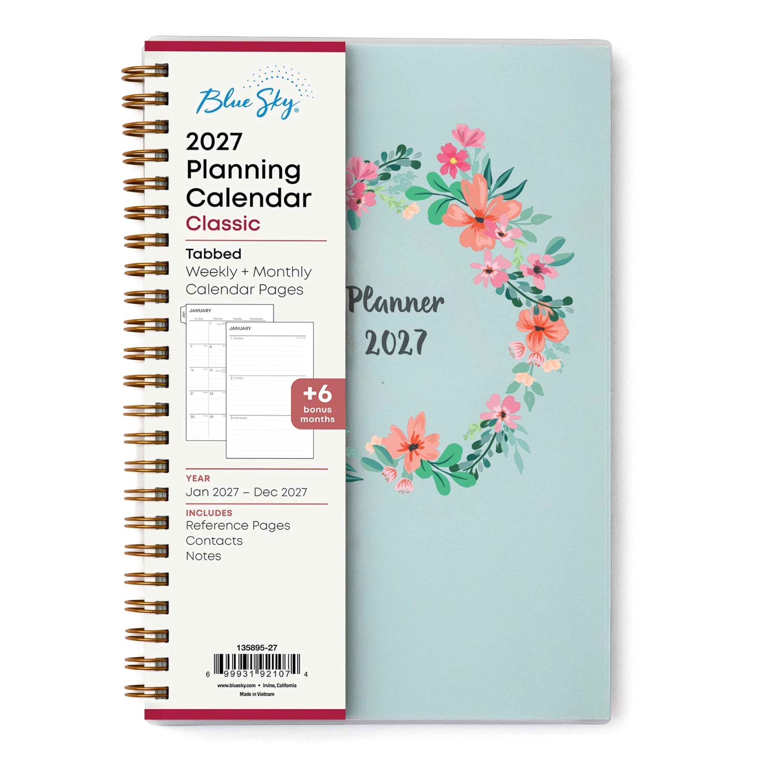 Blue Sky 2027 Planning Calendar Classic  
Tabbed Weekly + Monthly Calendar Pages  
JANGET Planner JANGARY Y 2027 x  
+6 bonus months  
YEAR Jan 2027 - Dec 2027  
INCLUDES Reference Pages Contacts Notes  
135895-27  
6  
99931 92107  
4  
www.bluesky.com  
Made in Vietnam