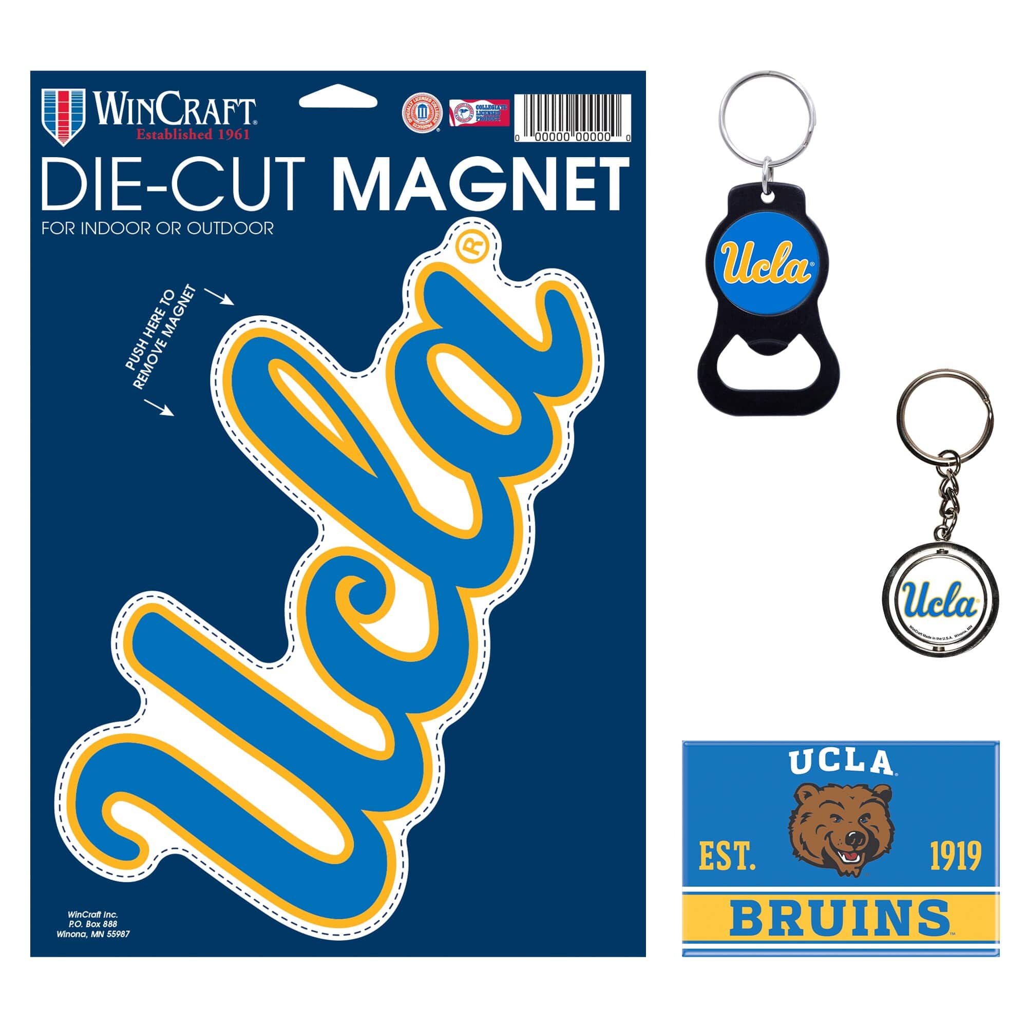 WINCRAFT  
Established 1961  

DIE-CUT MAGNET  
FOR INDOOR OR OUTDOOR  

PUSH HERE TO REMOVE MAGNET  

Ucla  

UCLA  
EST. 1919  
BRUINS  

WinCraft Inc.  
PO Box 888  
Winona, MN 55987