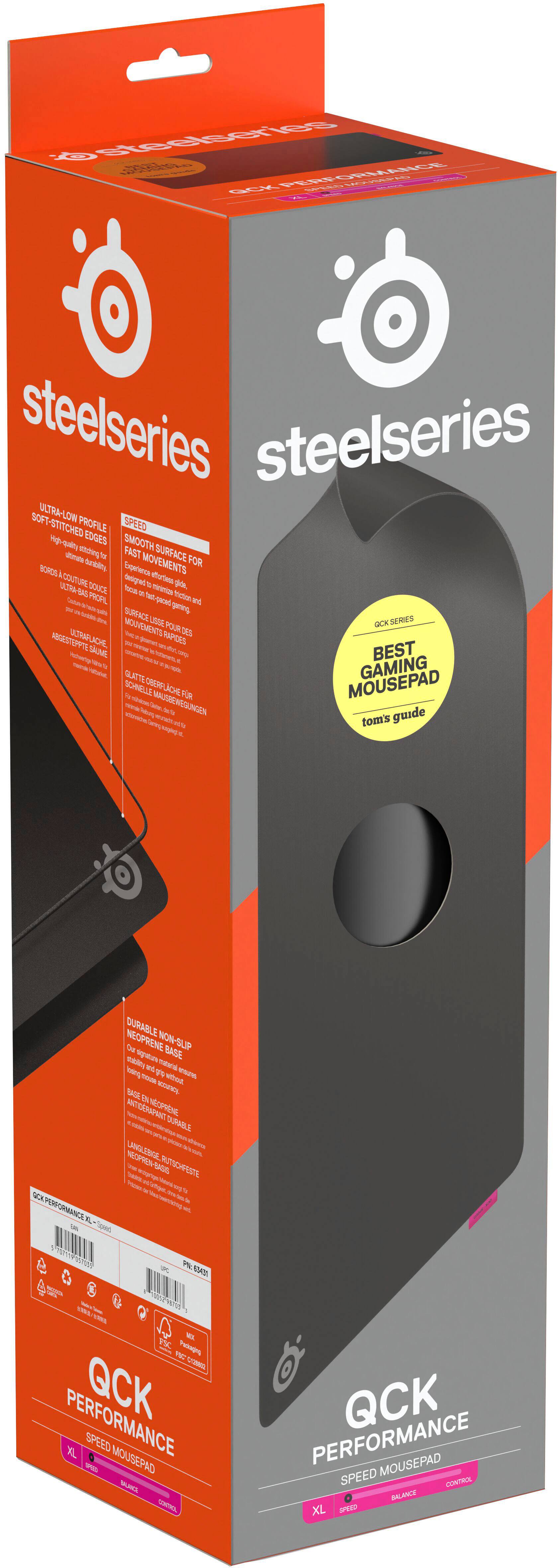 The text on the image reads "Steelseries Steelseries - S - ku - - - E -. S i - - - I - - - - - | - - - DEST | : GAMING - - - - MOUREPID i  - - - i ! : - a - - &  1 & & .0 Q . |  PERFORMANCE QCK A Hn I QCK PERFORMANCE PERFO TA - S I A A."