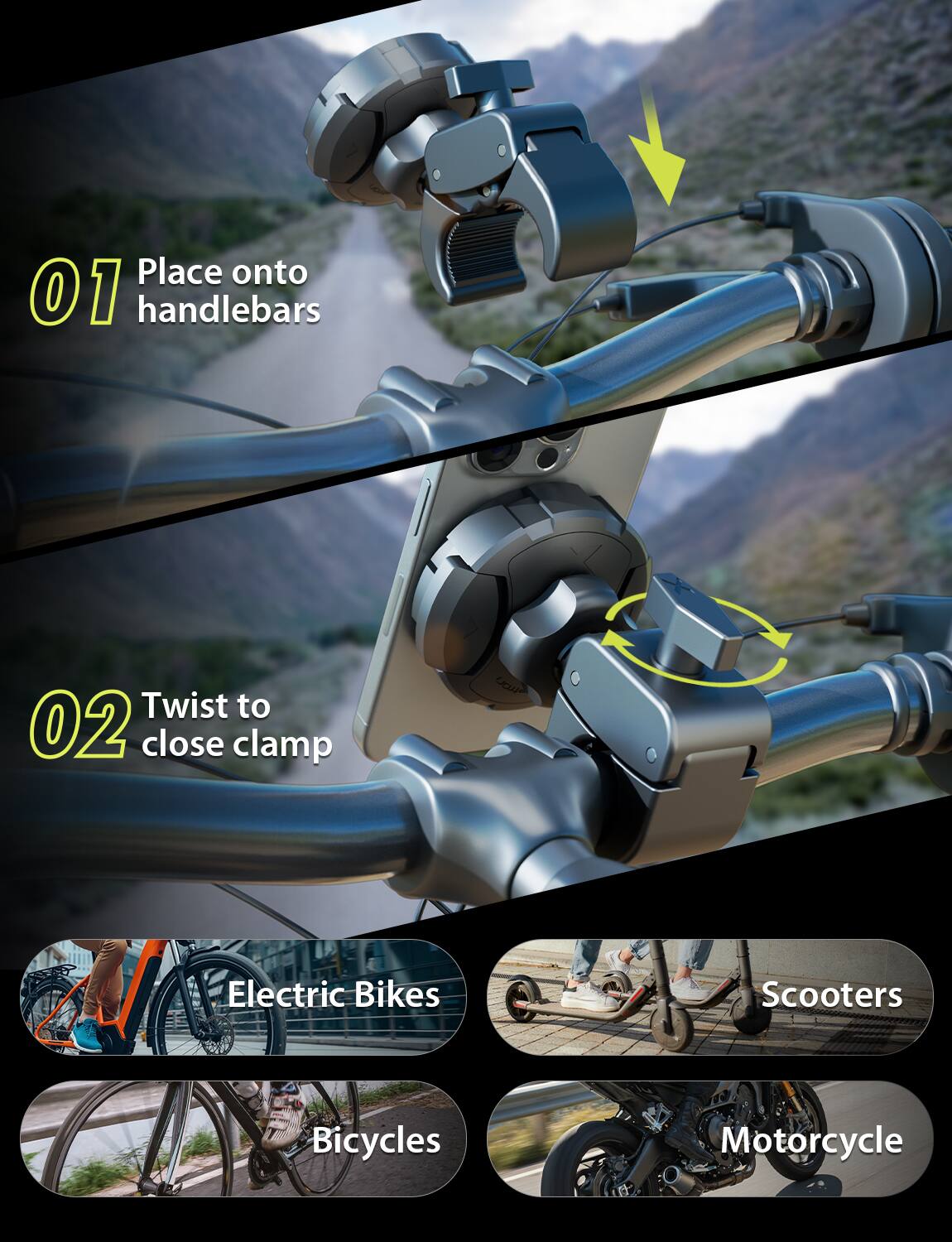 Place onto 01 handlebars  
Twist to 02 close clamp  

UOP Electric Bikes Scooters Bicycles Motorcycle