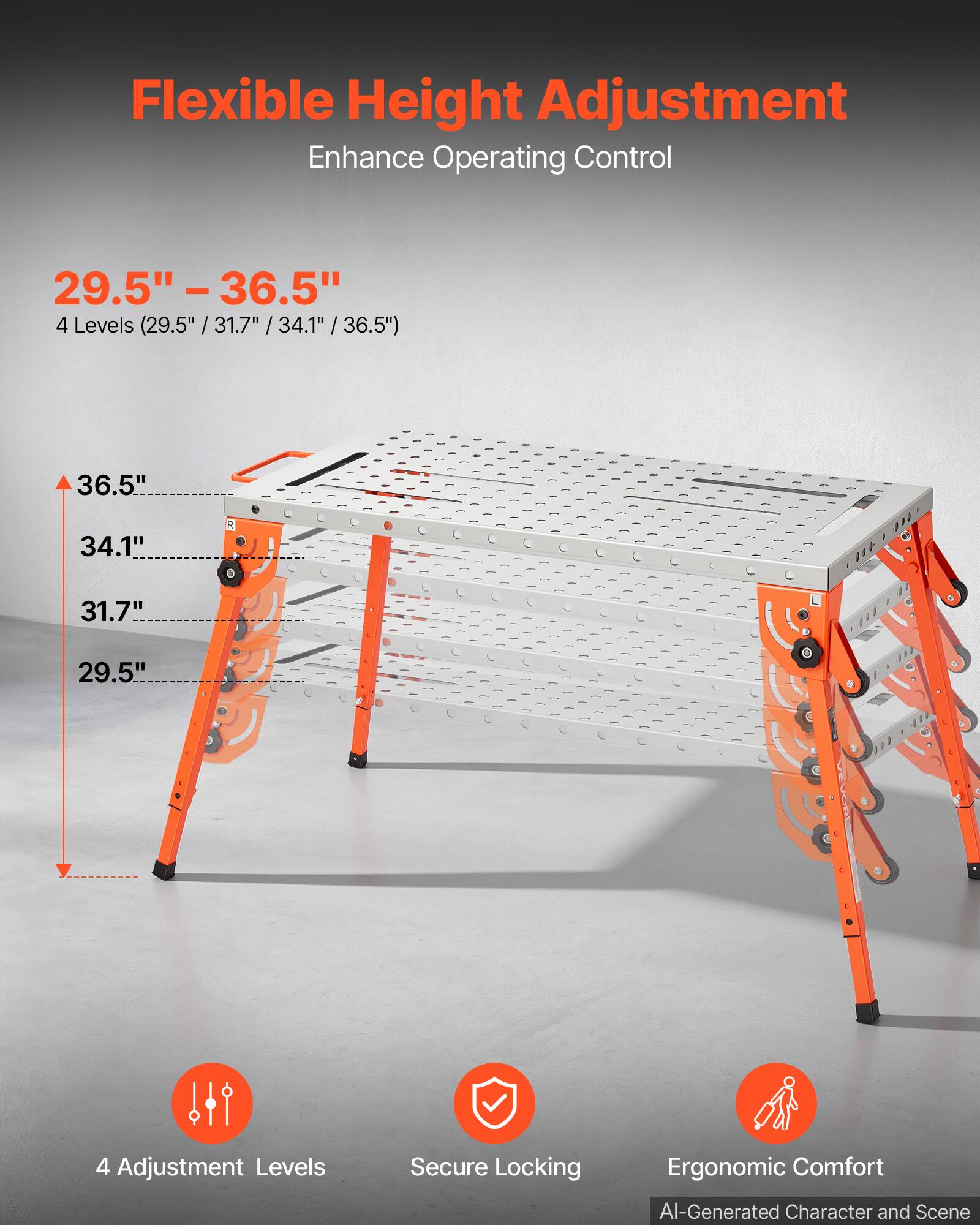 Flexible Height Adjustment Enhance Operating Control

29.5" - 36.5" 4 Levels (29.5" / 31.7" / 34.1" / 36.5")

36.5"
34.1"
31.7"
29.5"

4 Adjustment Levels
Secure Locking
Ergonomic Comfort

AI-Generated Character and Scene
