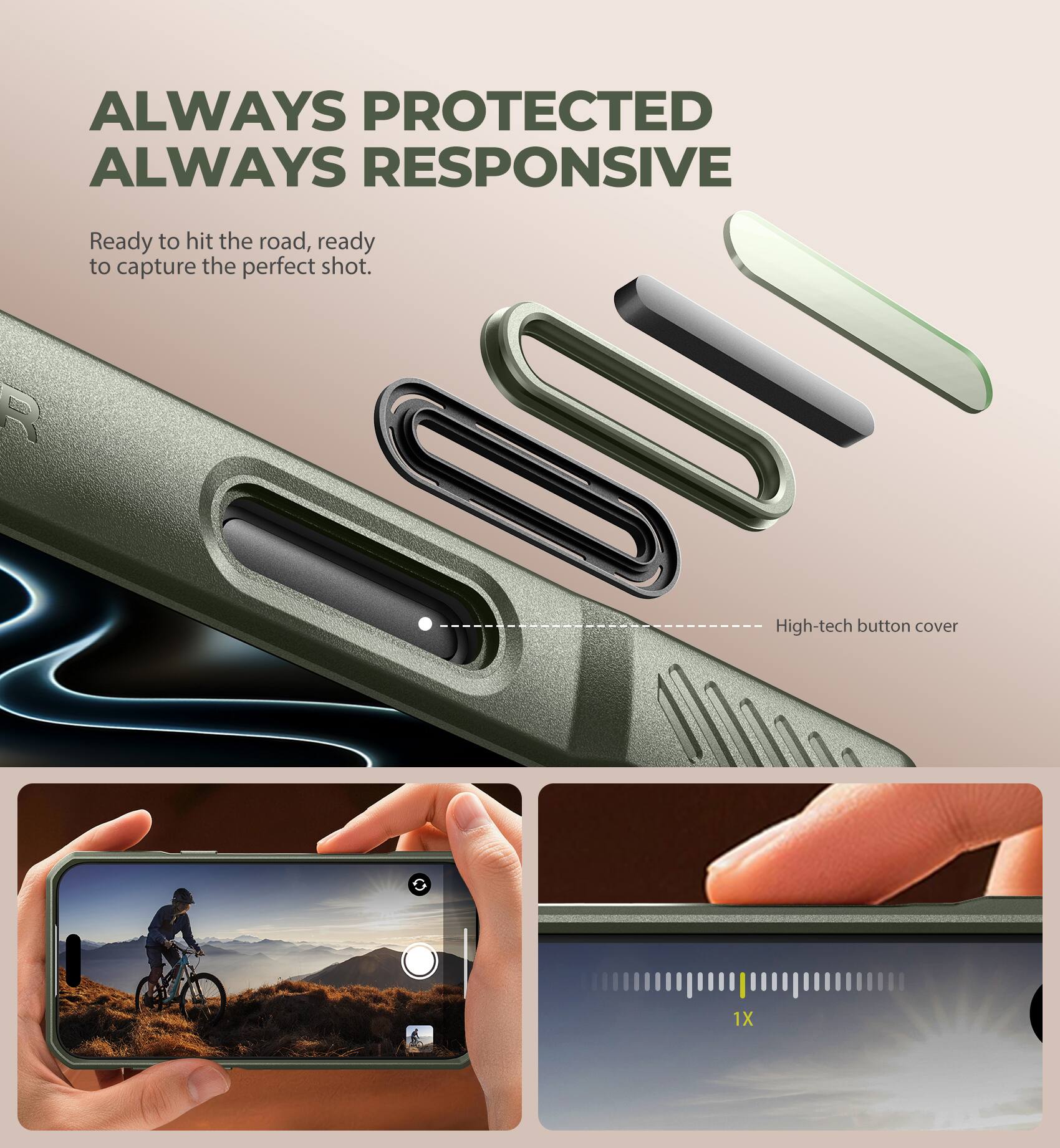 ALWAYS PROTECTED  
ALWAYS RESPONSIVE  

Ready to hit the road, ready to capture the perfect shot.  

R  
High-tech button cover  

1X