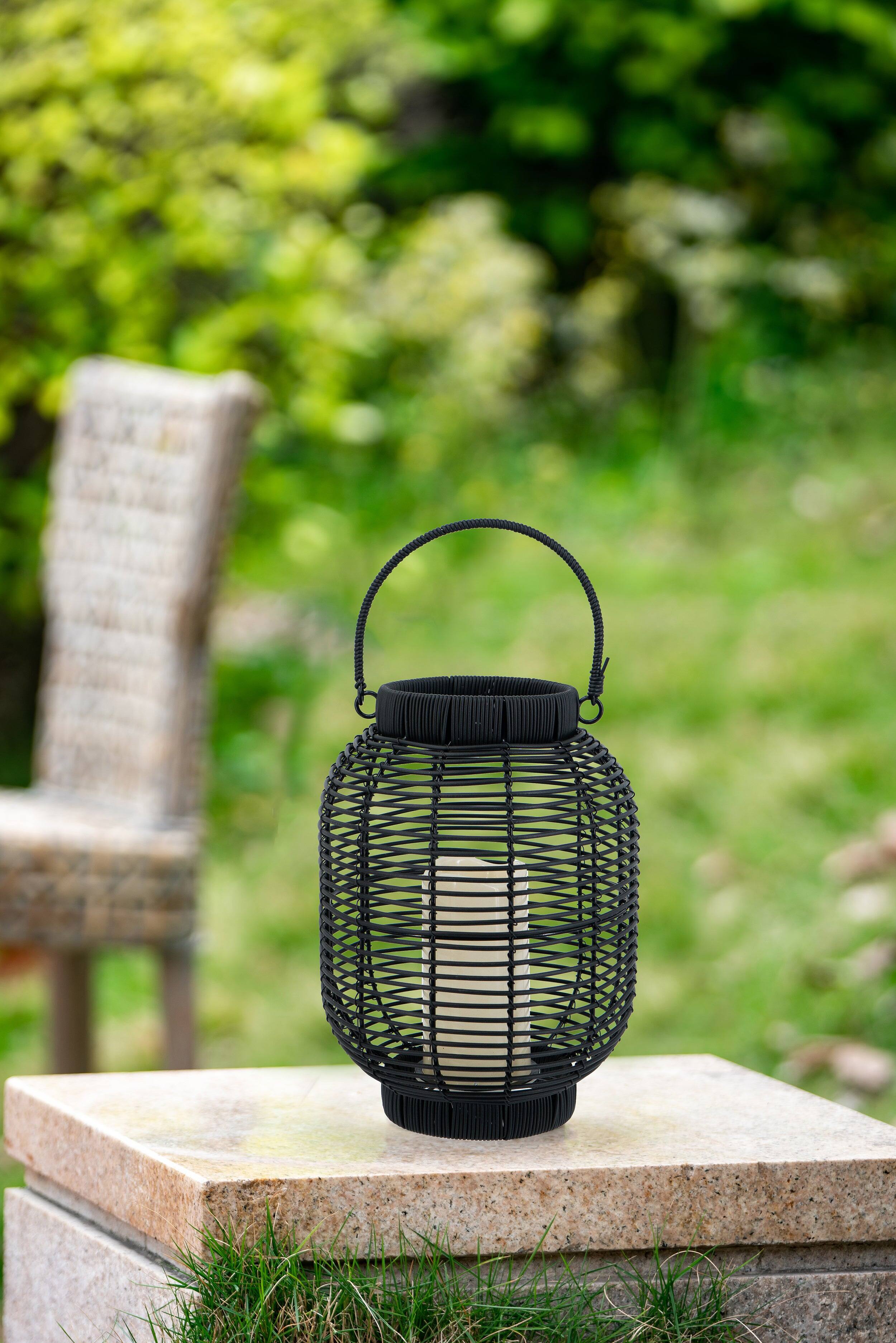 Alt View 1. Boyel Living - Black Poly Rattan Lantern with White LED Candle.