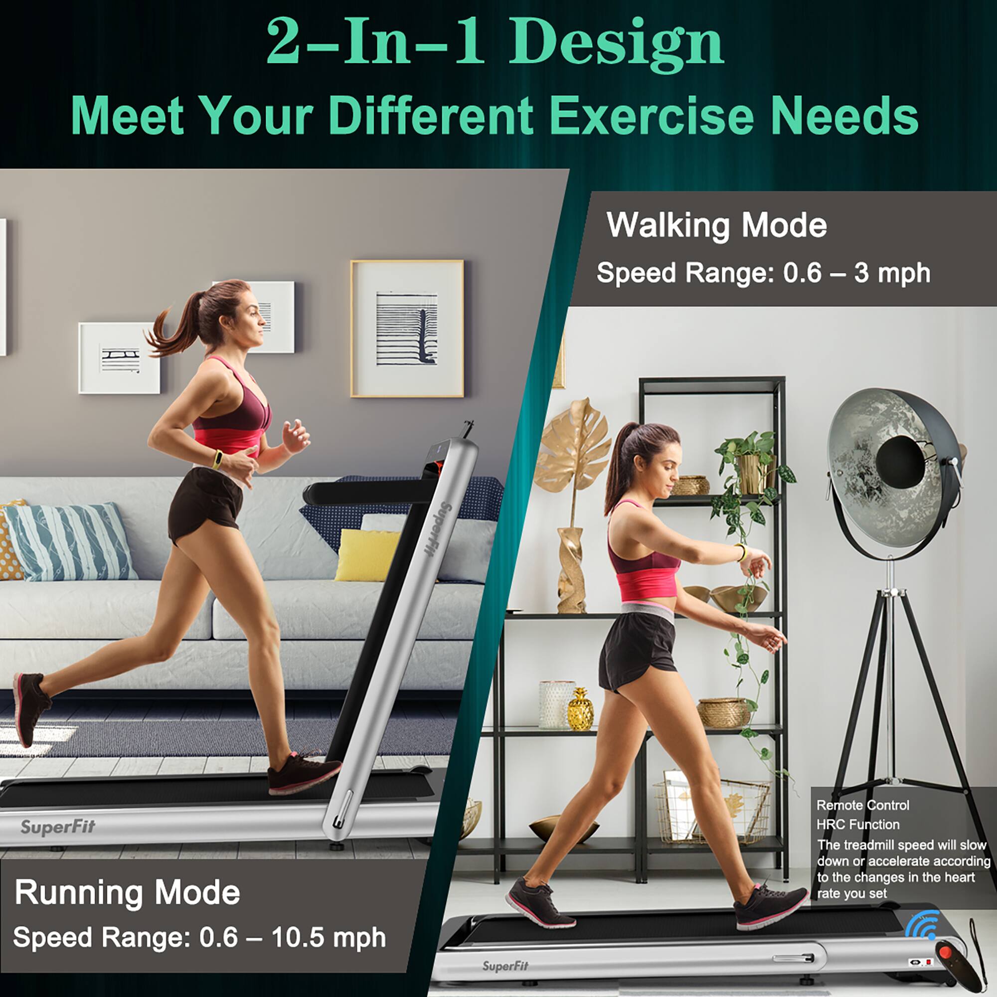 2-In-1 Design Meet Your Different Exercise Needs: Walking Mode and Running Mode

Walking Mode: Speed Range: 0.6 - 3 mph
Running Mode: Speed Range: 0.6 - 10.5 mph
SuperFit Remote Control: HRC Function: The treadmill speed will slow down or accelerate according to the changes in the heart rate you set.
