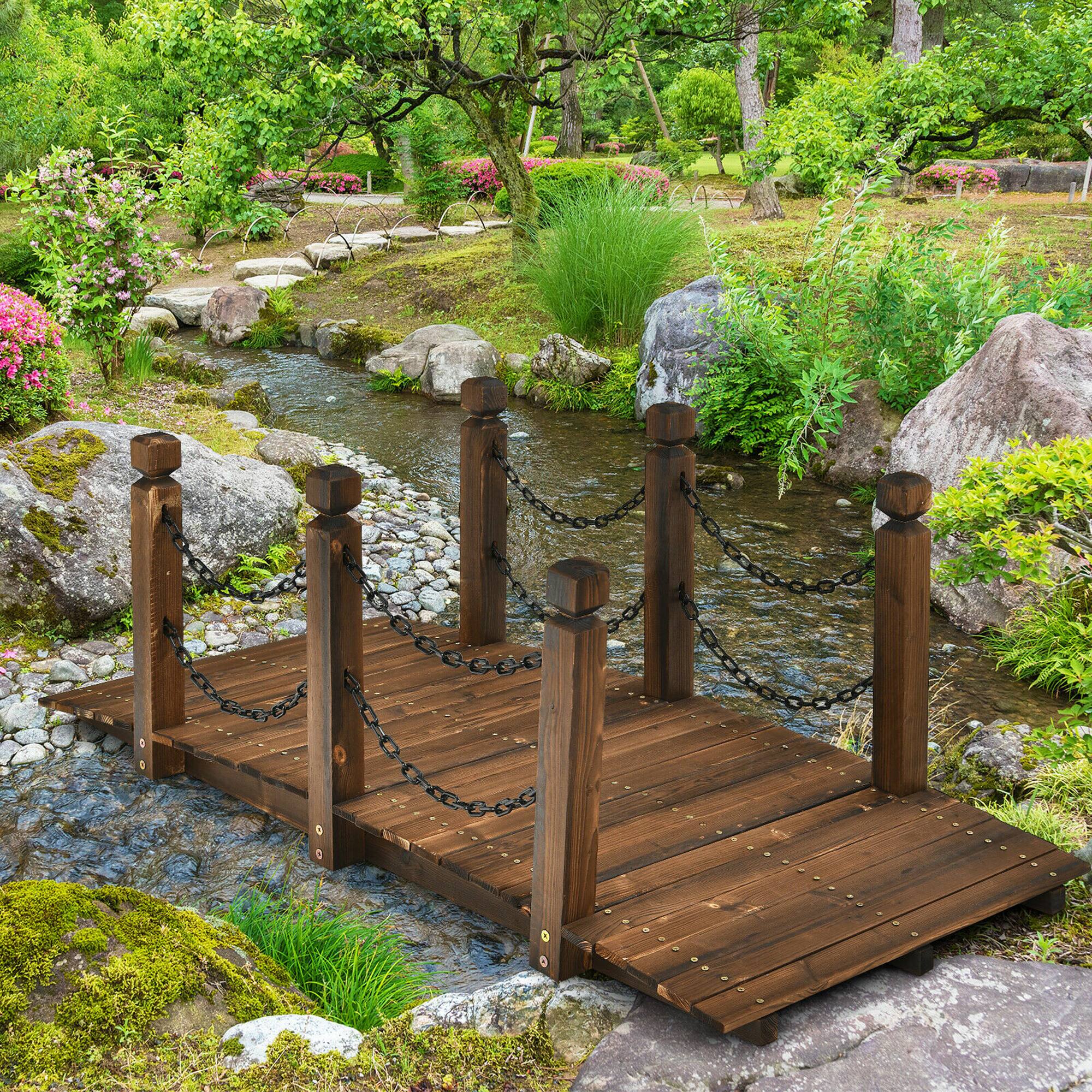Alt View 3. Costway - 5 ft Wooden Garden Bridge Arc Footbridge Stained Finish Walkway w/Rails - Brown.