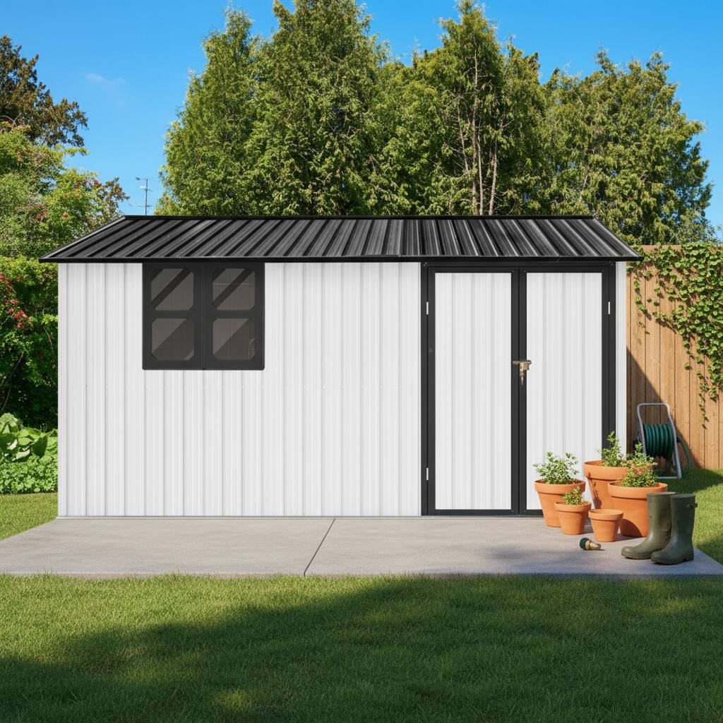 Angle. Anysun - 12x10ft Metal Garden Shed with Window & Hinged Door, Heavy-Duty Outdoor Storage with Vents for Backyard - Beige+White.
