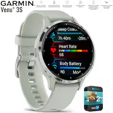 GARMIN Venu 3S
- BRIGHT 1.2" AMOLED TOUCHSCREEN DISPLAY
- UP TO 10 DAYS OF BATTERY LIFE IN SMARTWATCH MODE
- DETAILED HEALTH AND WELLNESS INSIGHTS
- ADVANCED FITNESS FEATURES
- WORKS WITH THE GARMIN LIGHTWEIGHT 41 MM CASE CONNECTED WITH IPHONE AND ANDROID SMARTPHONES
- LIGHTWEIGHT 41 MM CASE WITH STAINLESS STEEL BEZEL
- Sleep Coach: 7h 40m -20m
- Heart Rate: 68
- Body Battery: 80
- Mod
- 2 YEAR WARRANTY