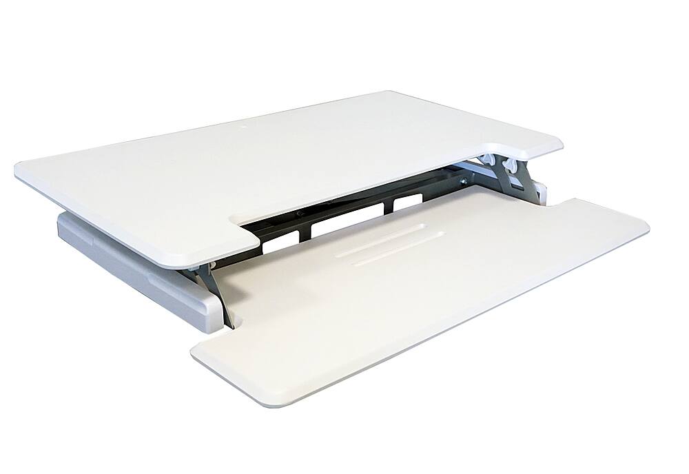 Left. Victor - Compact Height Adjustable Standing Desk Convertor with Keyboard Tray - White.