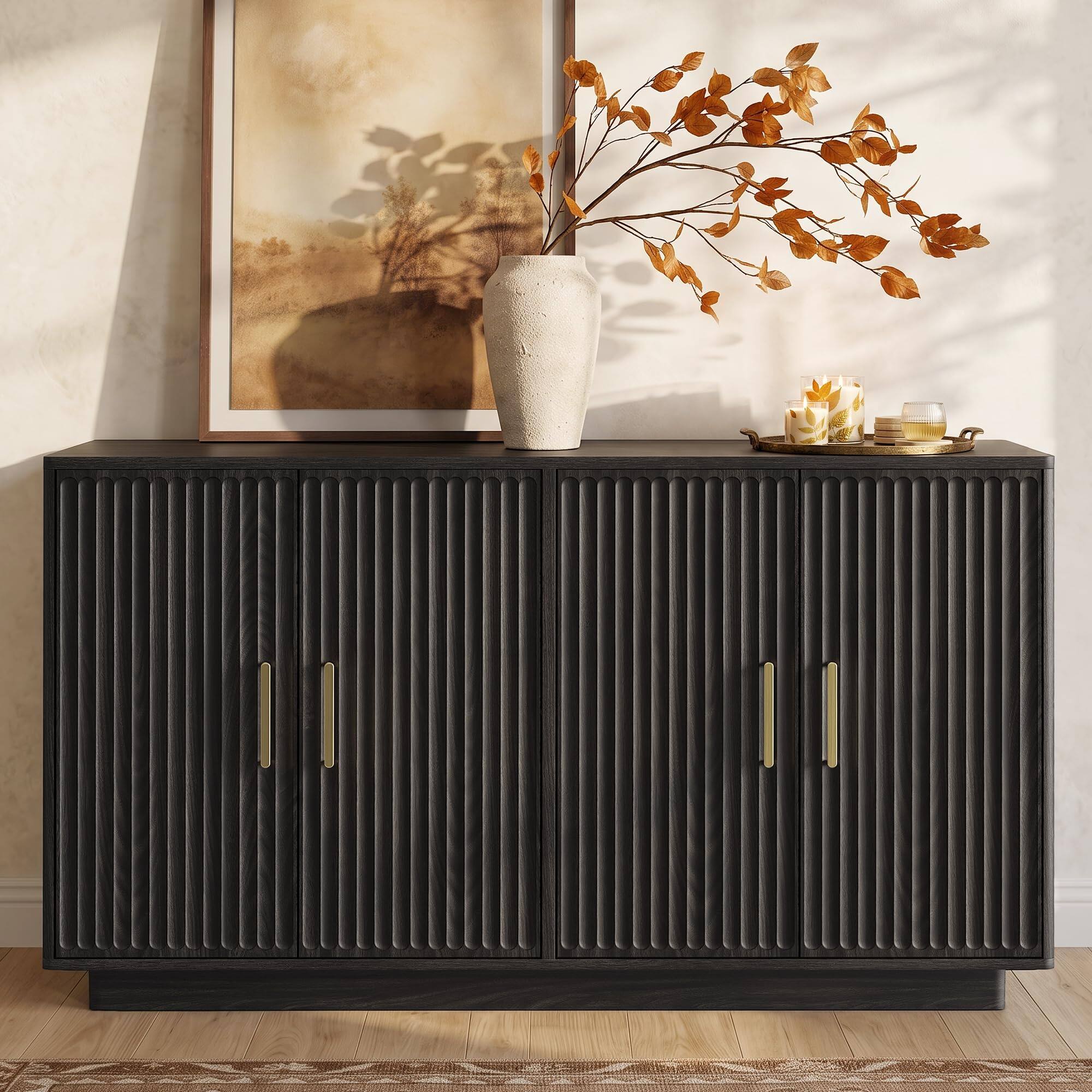 Alt View 7. paproos - 55" Modern Fluted Sideboard Buffet Cabinet, Space-Saving Storage Credenza with Adjustable Shelves for Living Room - Black.
