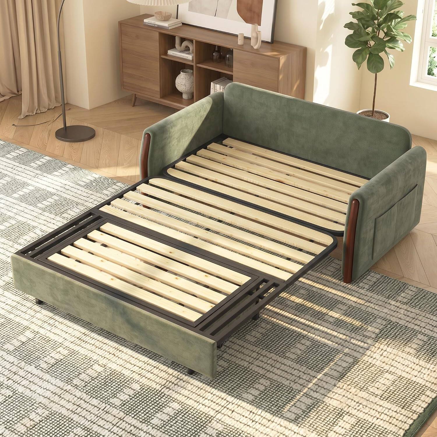 Alt View 3. luck idea - Pull‑Out Sleeper Sofa, 63‑inch Dark Green Convertible Sofa Bed with Storage, Side Pockets & 2 Throw Pillows - green.