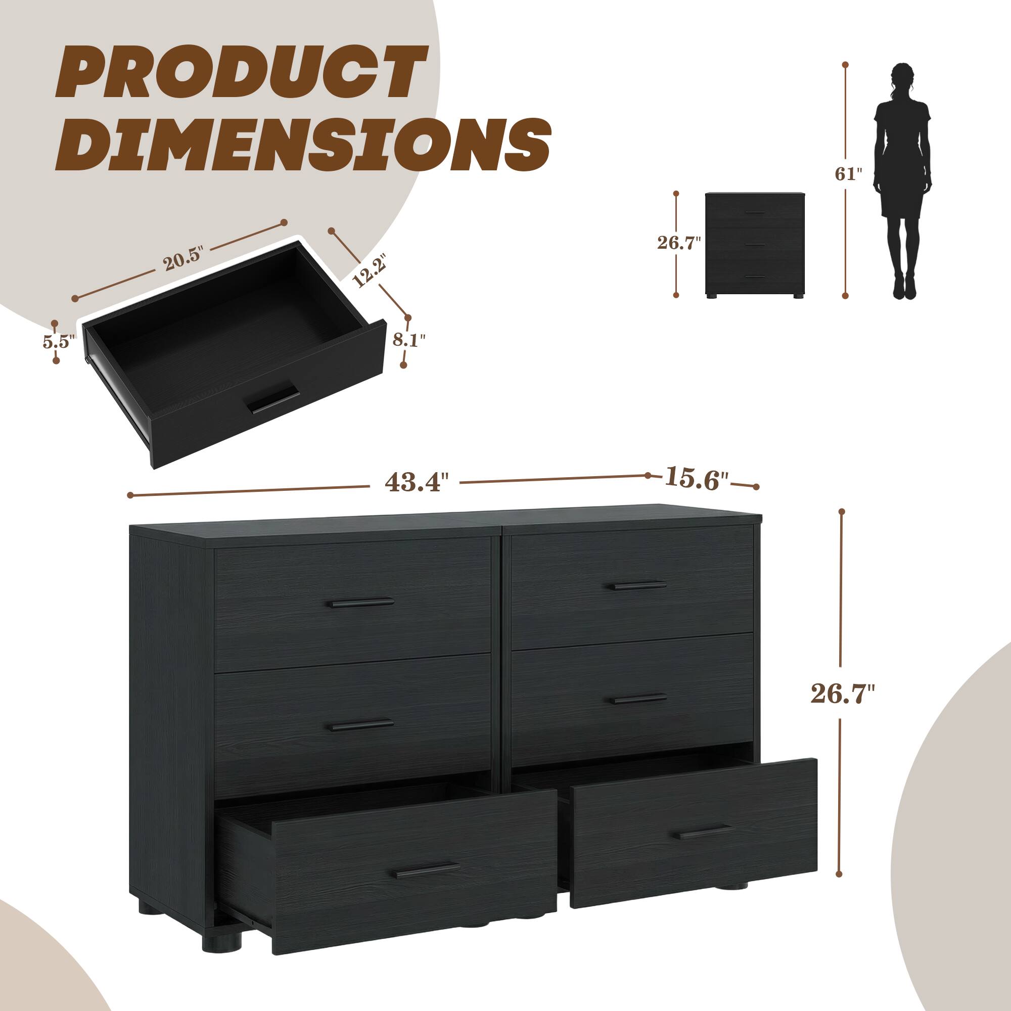 PRODUCT DIMENSIONS

- 61"
- 20.5"
- 12.2"
- 26.7"
- 5.5"
- 8.1"
- 43.4"
- 15.6"
- 26.7"
