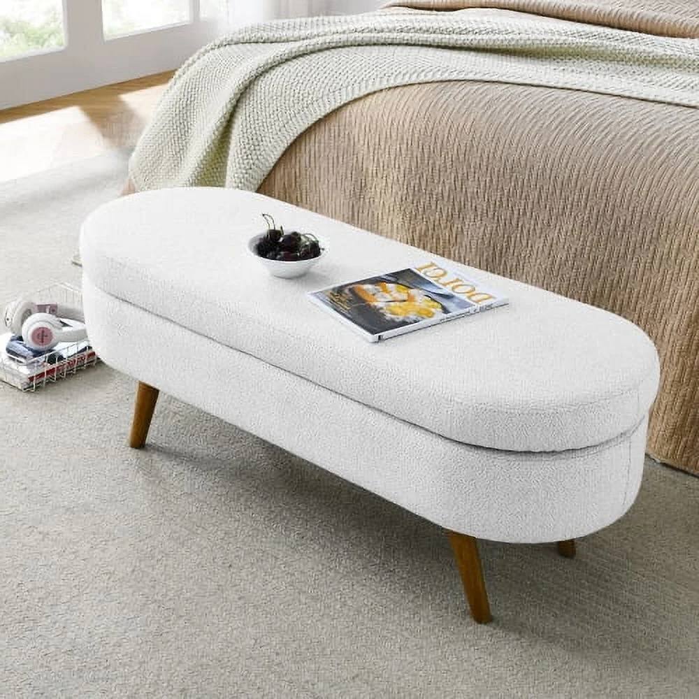 Left. SlickBlue - Mid-Century Modern Boho Storage Bench – Linen Upholstered Bedroom Seat - White.