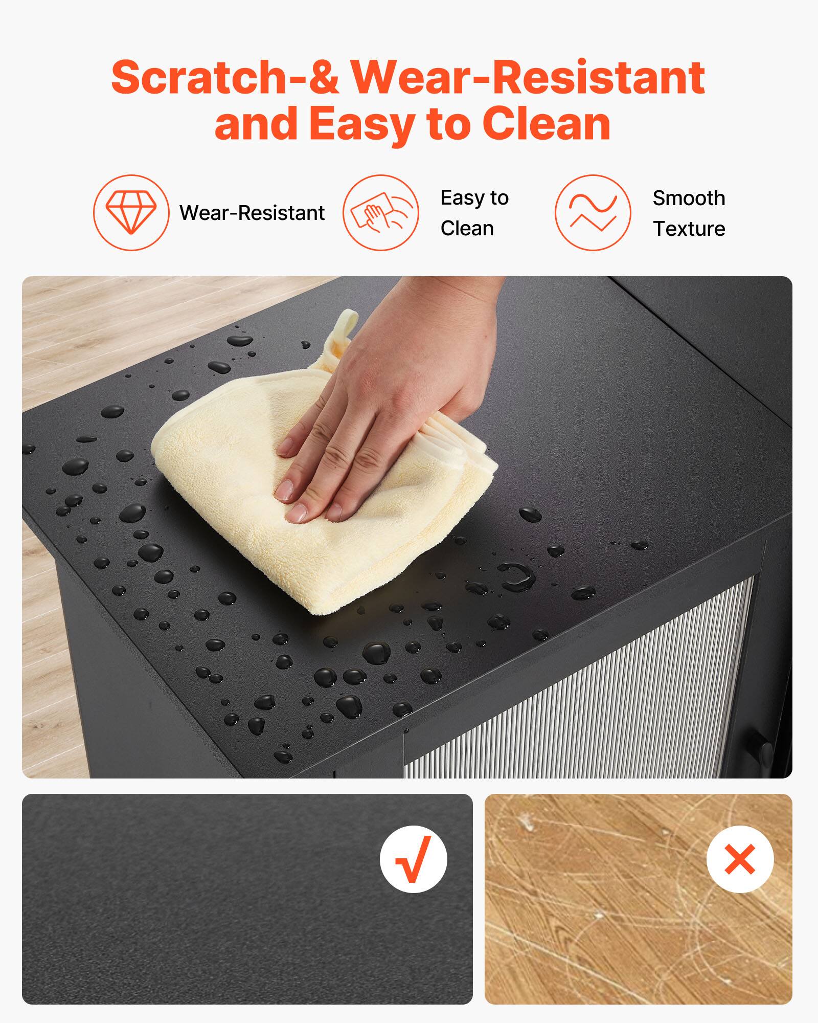 The text on the image is:

"Scratch-& Wear-Resistant and Easy to Clean"

The corrected and grouped text is:

"Scratch- & Wear-Resistant and Easy to Clean"
