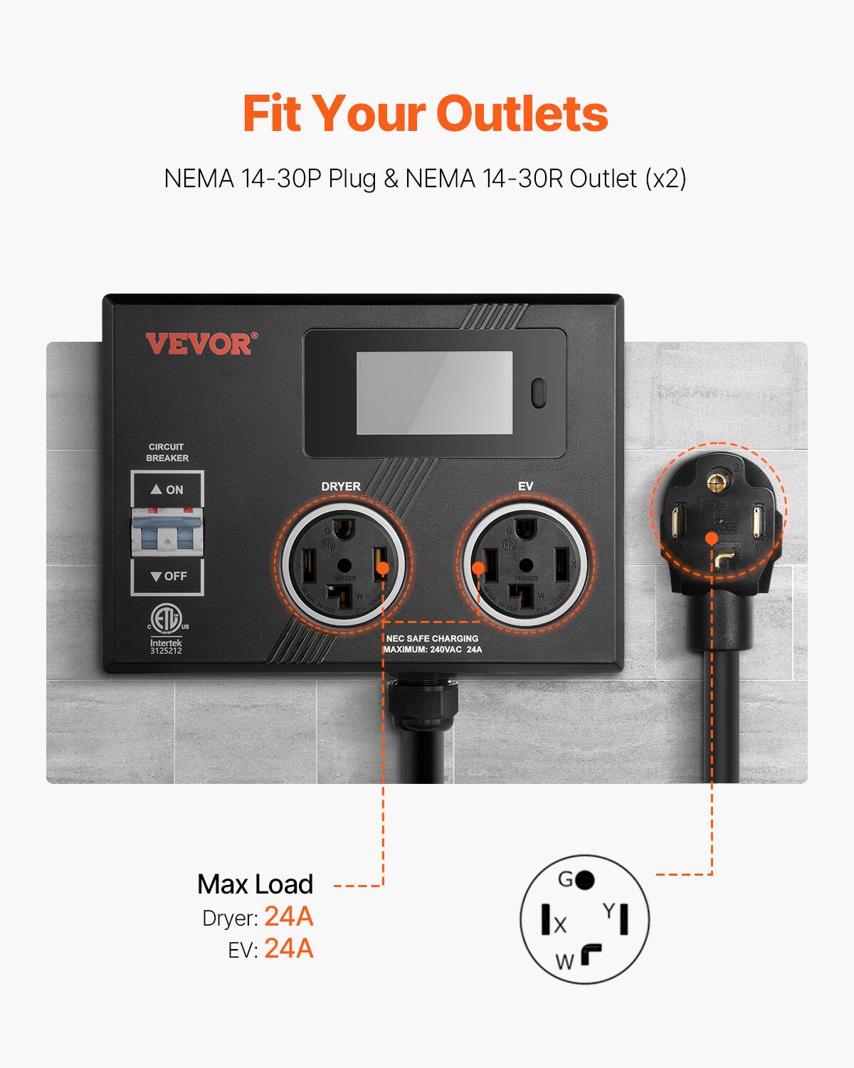Fit Your Outlets

NEMA 14-30P Plug & NEMA 14-30R Outlet (x2)

VEVOR

CIRCUIT BREAKER
ON
OFF

DRYER
EV

NEC SAFE CHARGING
240VAC 24A

Max Load
Dryer: 24A
EV: 24A

G
Ix Y
W f