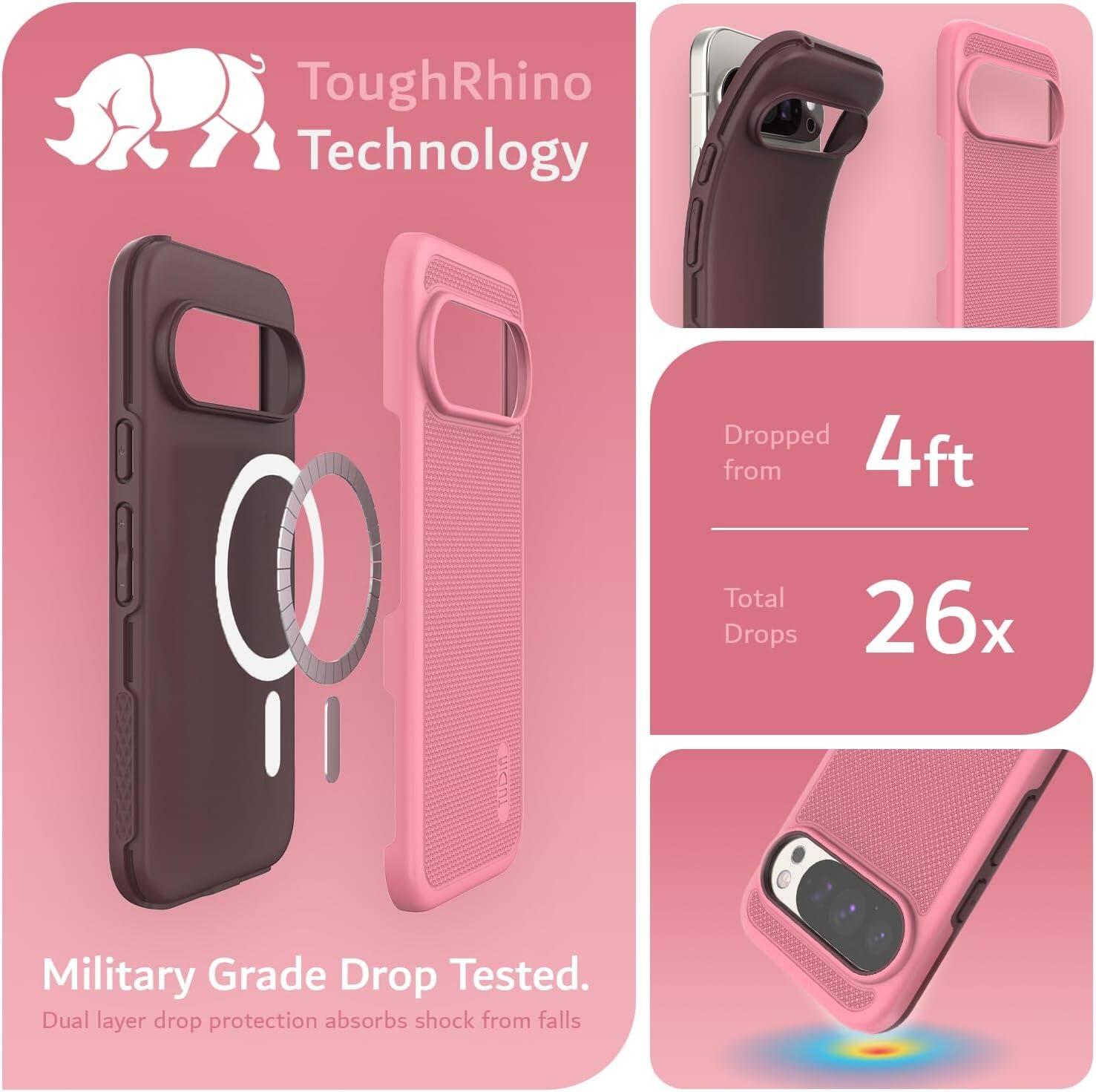 ToughRhino Technology

Dropped from 4ft  
Total Drops 26x

Military Grade Drop Tested.  
Dual layer drop protection absorbs shock from falls