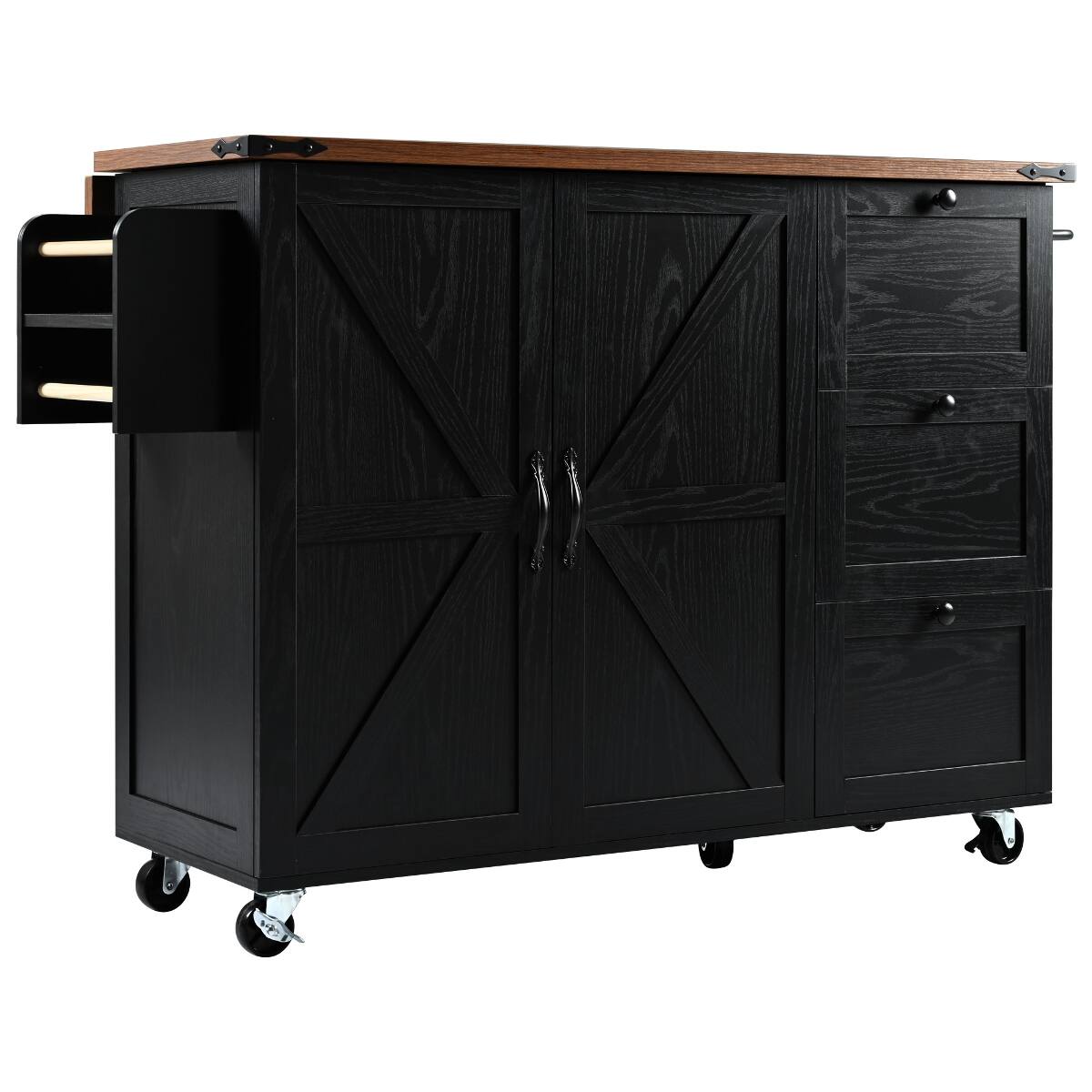 Alt View 8. Loheer - Loheer 54.5" Farmhouse Kitchen Island with Power Outlet, Drop Leaf, Rolling Kitchen Cart on Wheels, Black - Black.