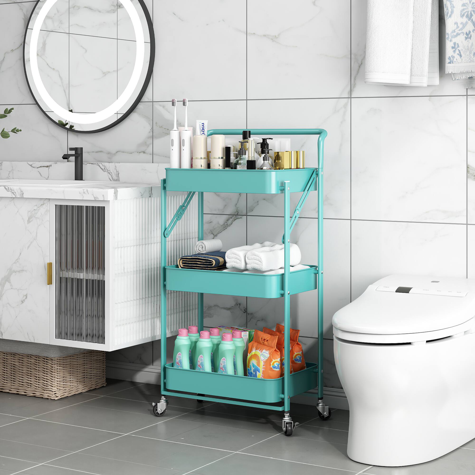 Alt View 2. Malletson - 3-Tier Foldable Rolling Cart, Storage Rack with Handle Multi-Purpose and Locking Wheels for Office, Kitchen, Bathroom - BLUE.